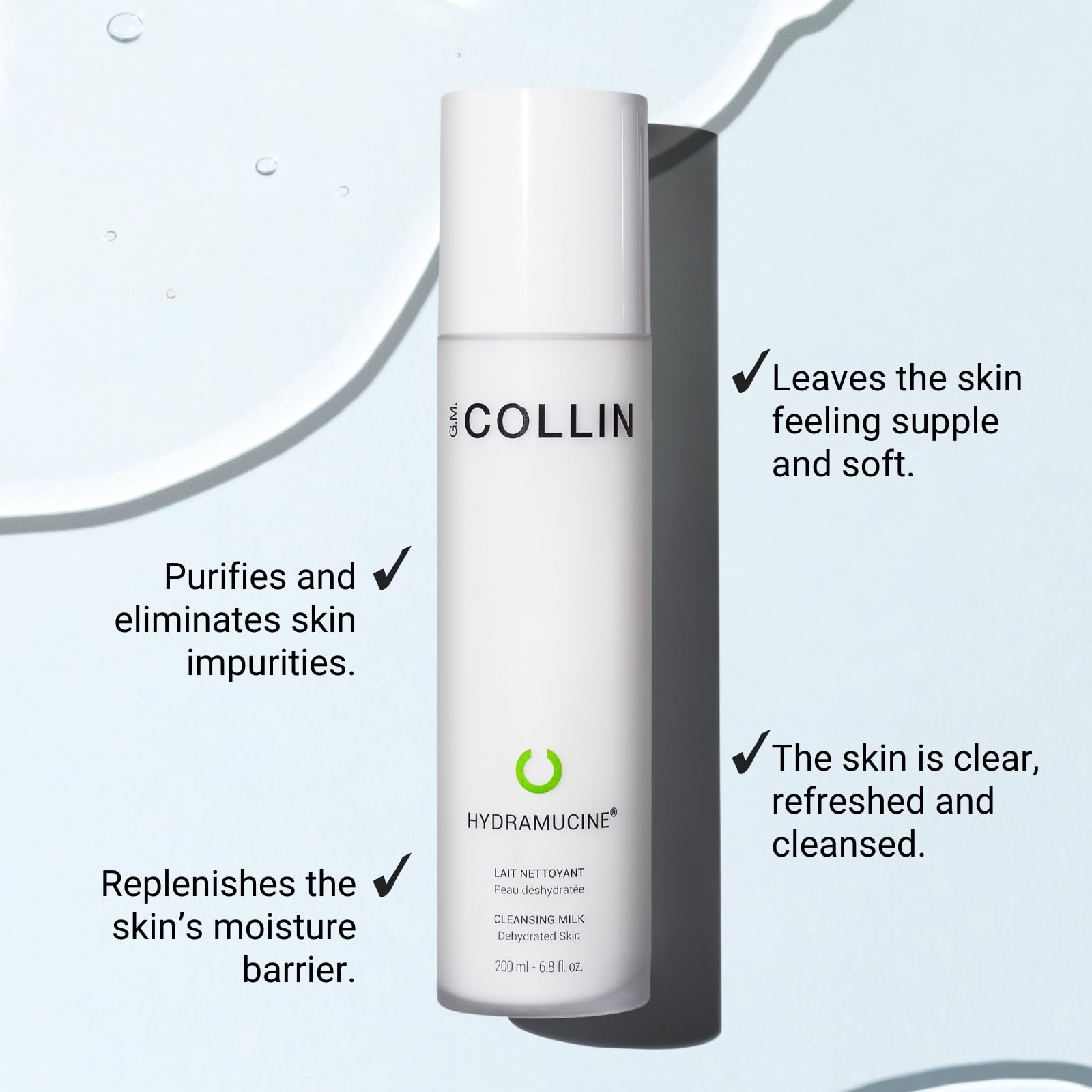 gm-collin-hydramucine-cleansing-milk-bottle-closeup highlights soothing hydration during cleansing.