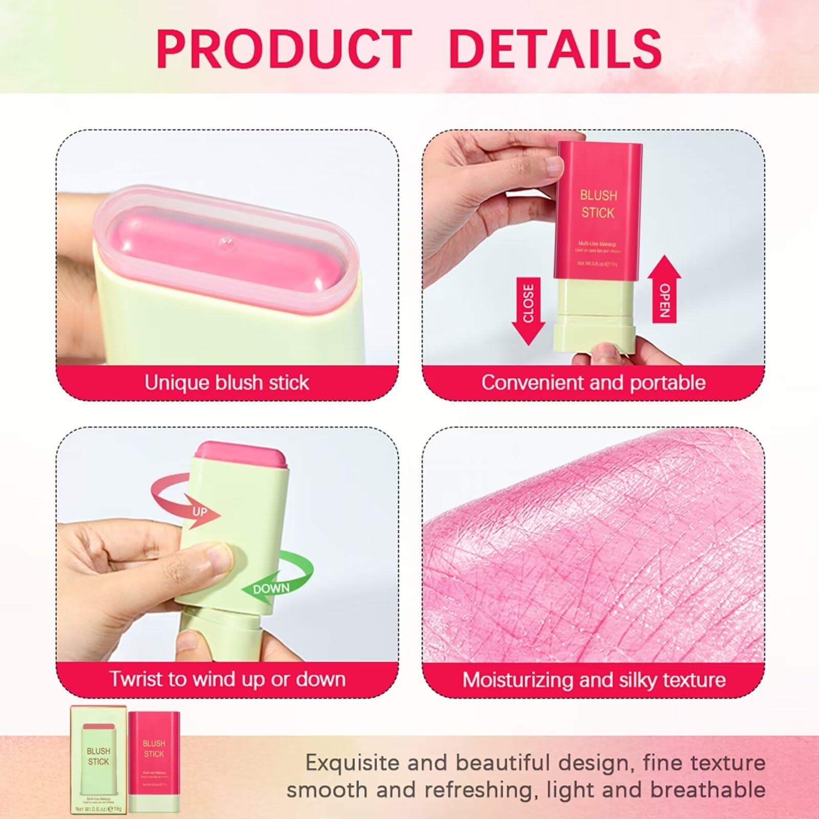 GMaxit multi-use blush stick swatches on cheeks for natural, creamy color.