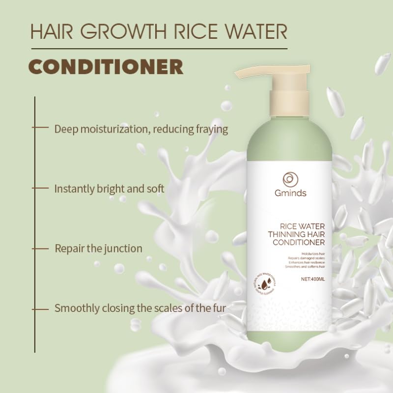 Gminds Rice Water Conditioner being applied to hair for smoothing and shine.