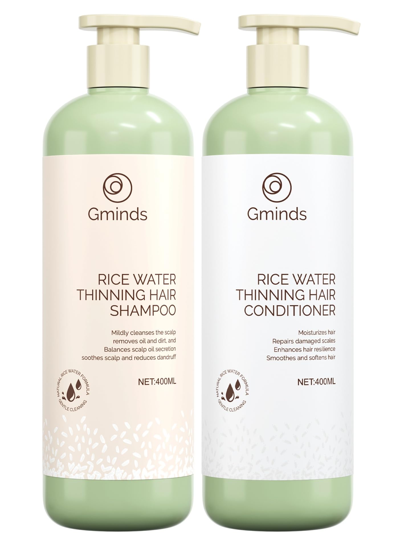 Gminds Rice Water Shampoo bottle shown for everyday cleansing and hair nourishment.
