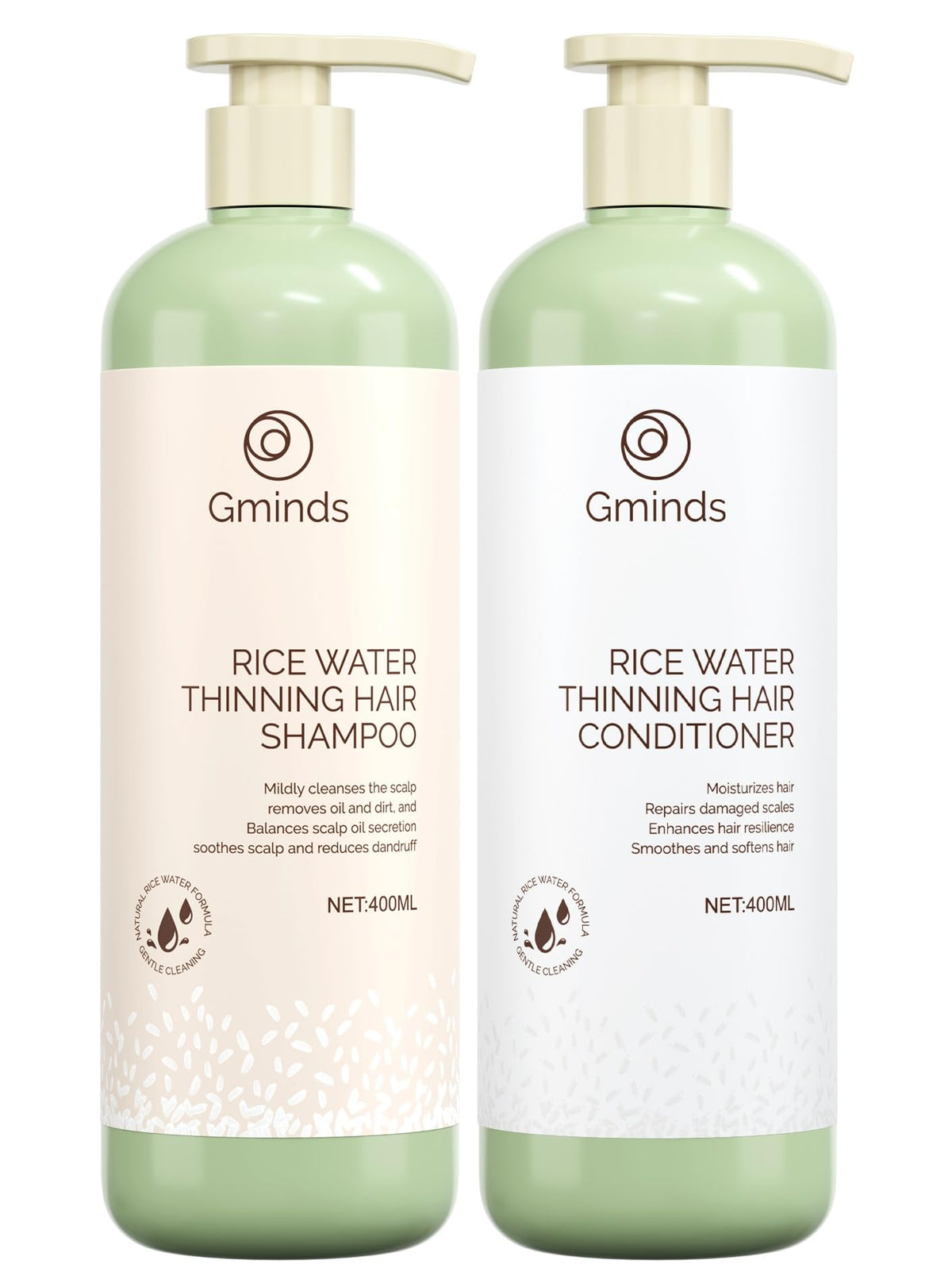 Gminds Rice Water Shampoo bottle shown for everyday cleansing and hair nourishment.