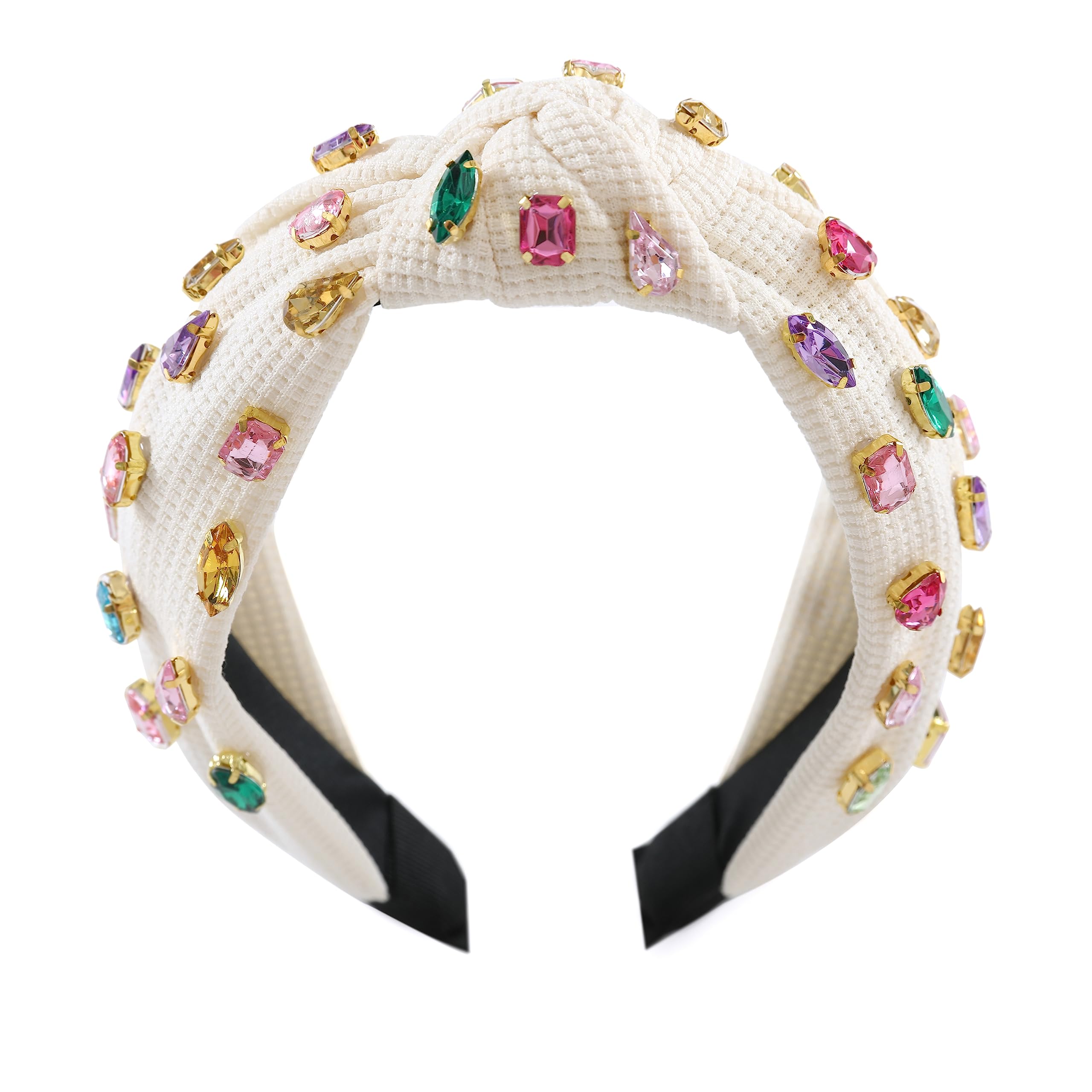 Gmmidea Jeweled Knotted Headband wide top knot in beige pairs with many outfits.