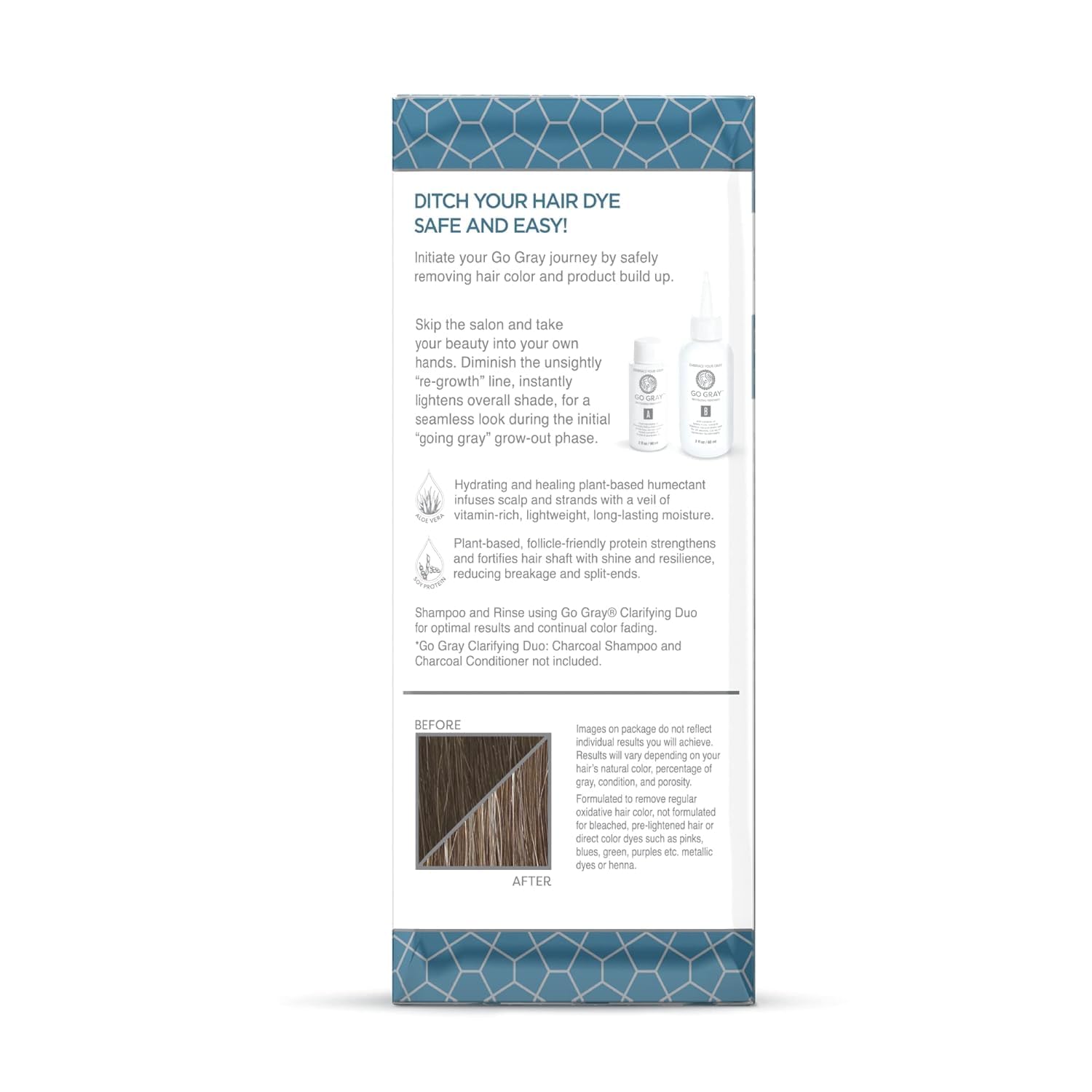 Go Gray Treatment Remove bottle reveals a salon-quality formula for moisturized strands.
