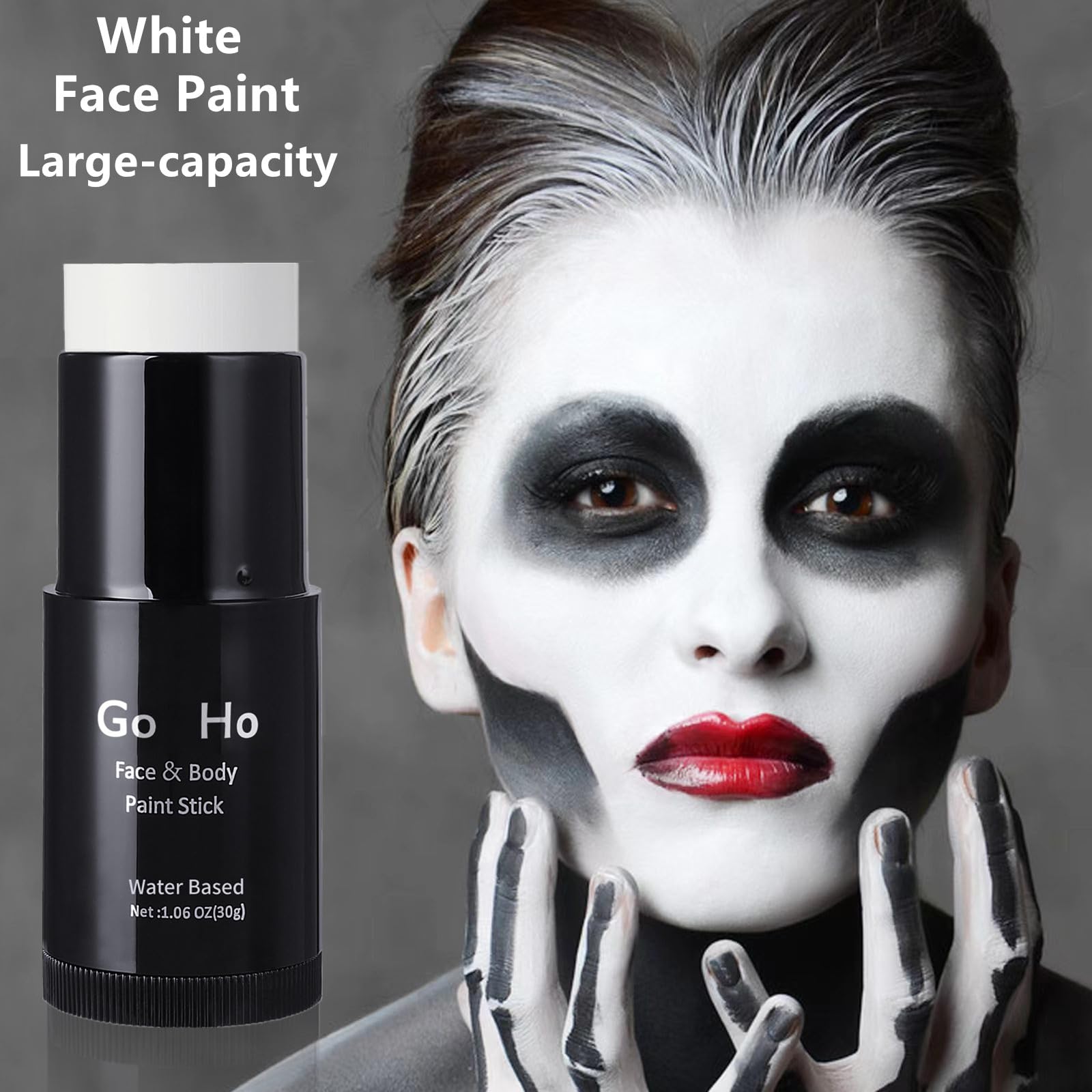 Go Ho black face paint stick applied on face for striking Halloween accents.