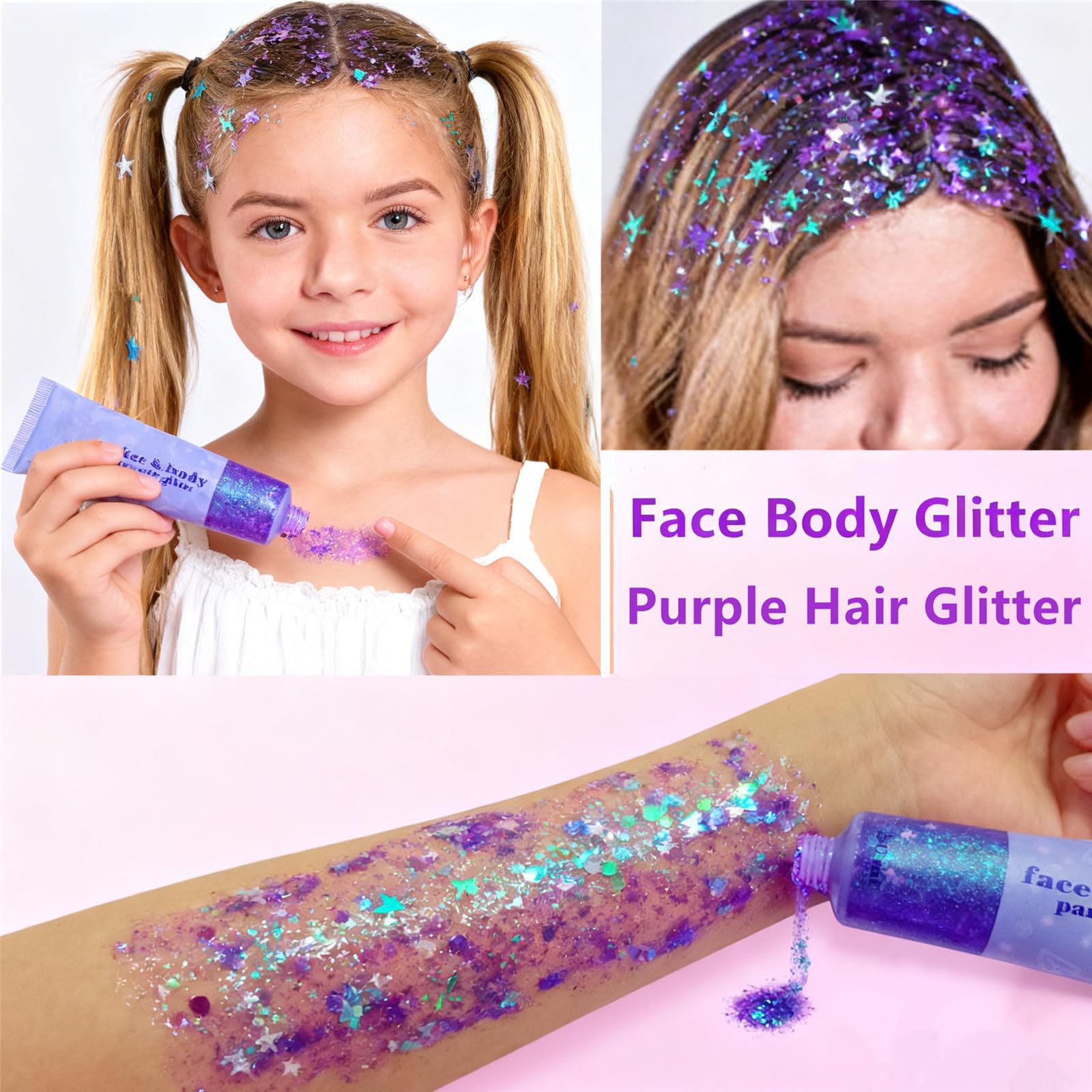 Go Ho Mardi Gras Glitter Face shot highlighting colorful festival sparkle
