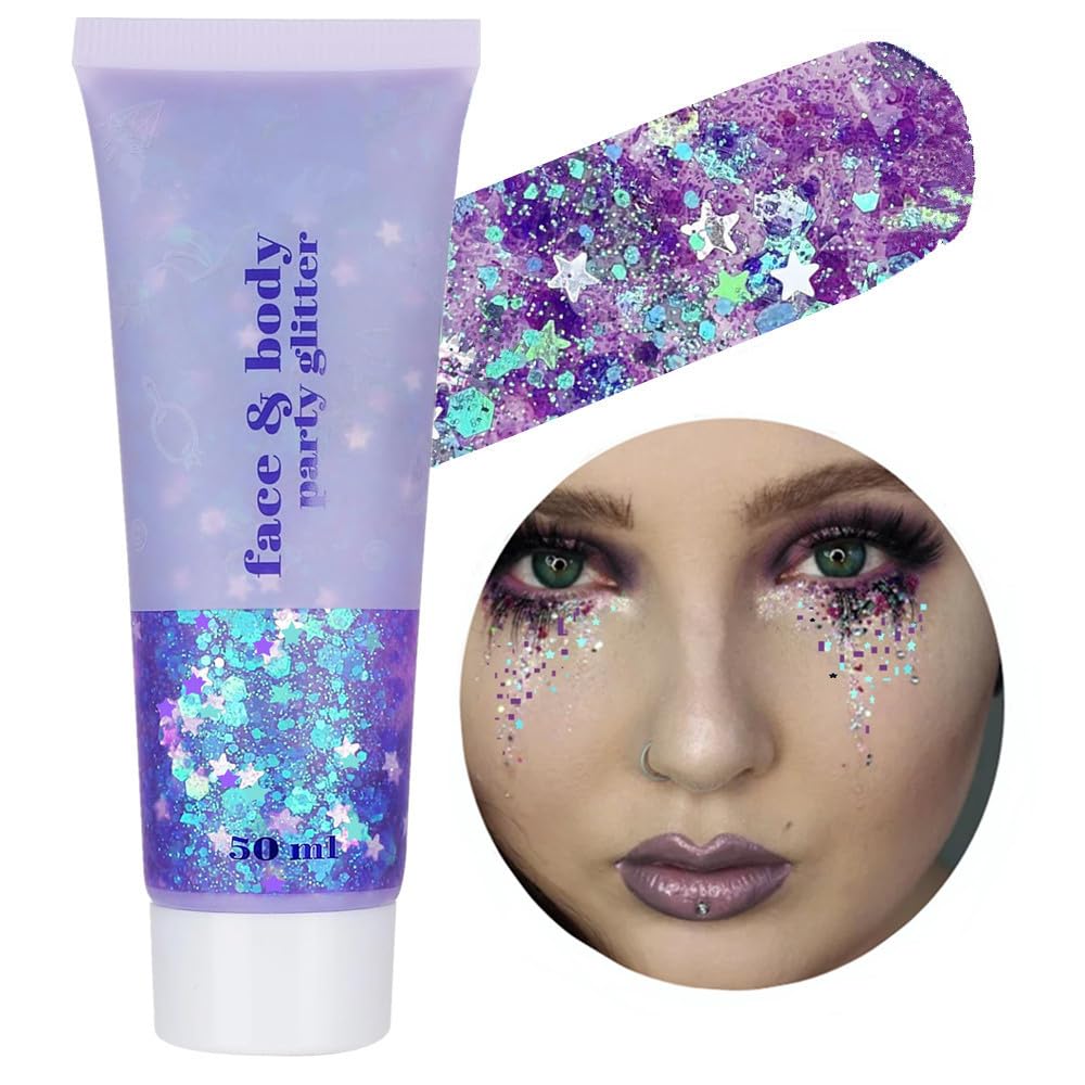 Go Ho Mermaid Purple Face Glitter Gel bottle with festival-ready shimmer on skin and hair