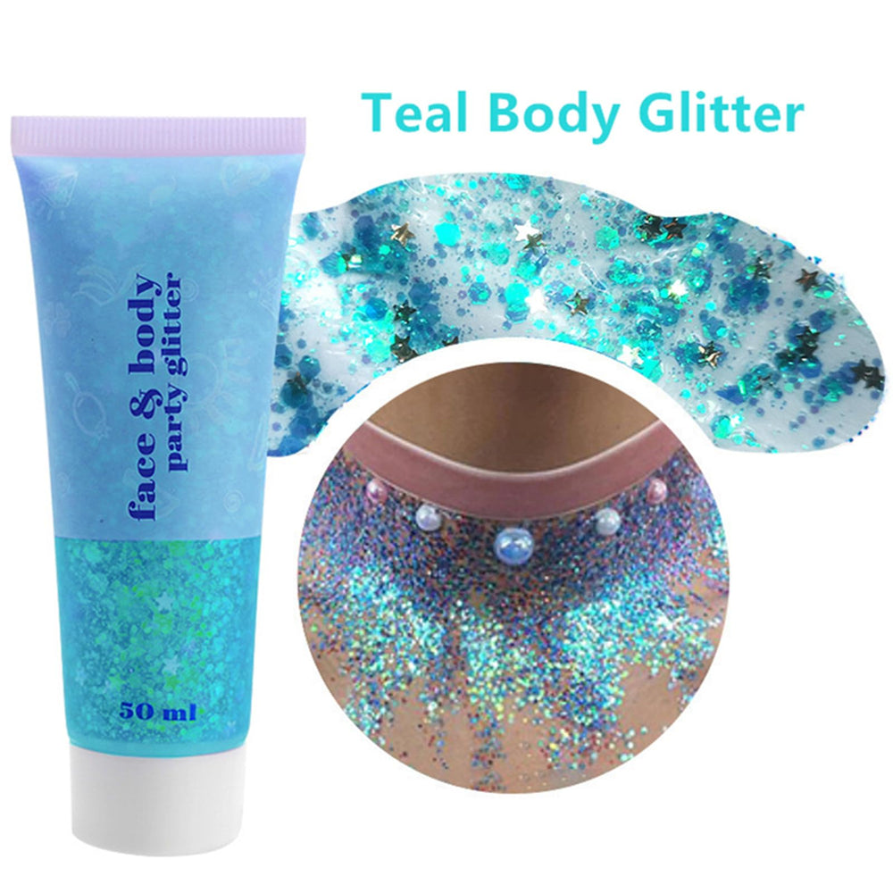 Go Ho Teal body glitter on skin highlighting shoulders with rainbow sparkle