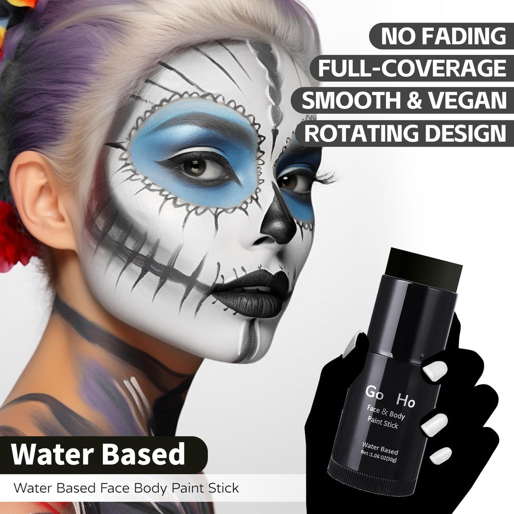 Go Ho white face paint stick applied on face for smooth full-coverage base.