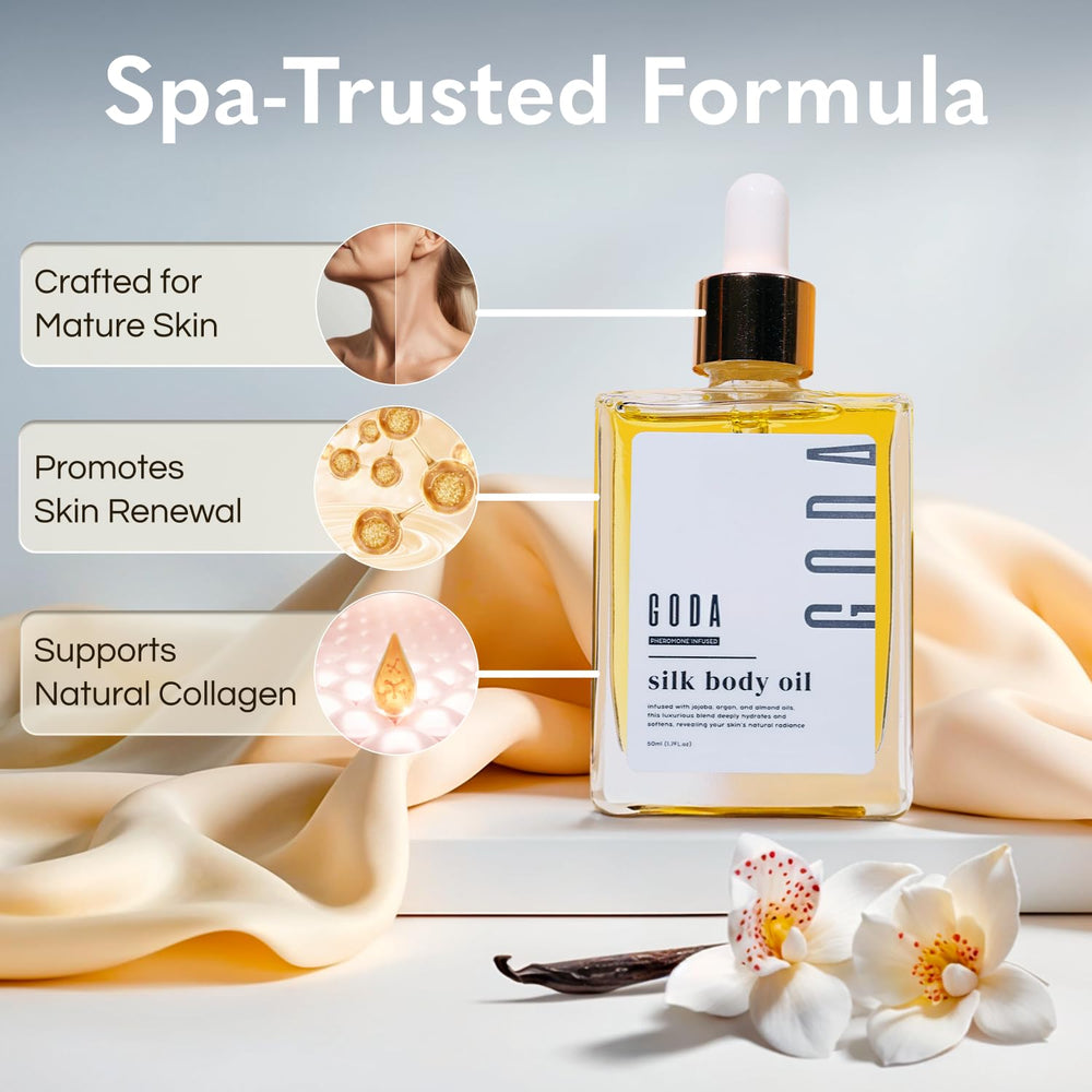 GODA Silk Body Oil fragrance captures vanilla lavender cacao scent.