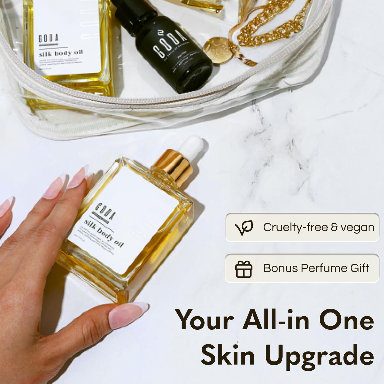 GODA Silk Body Oil silky skin result from deep hydration.