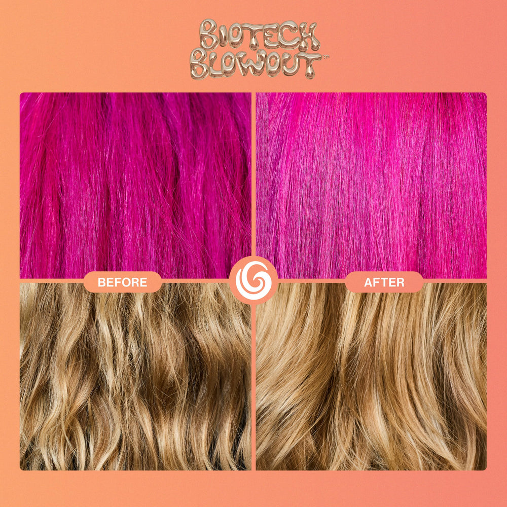 Goddess Maintenance Biotech Blowout frizz-control shot shows sleek flyaway-taming.