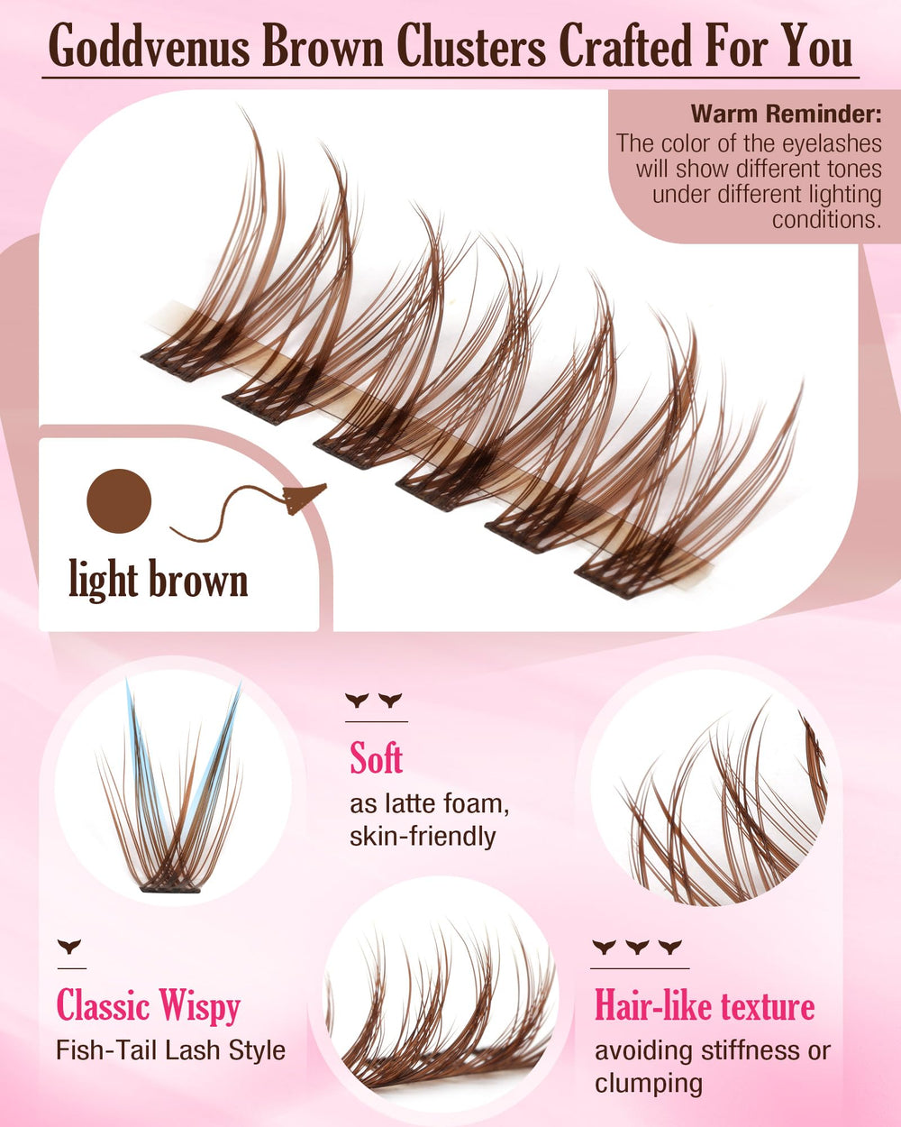 Goddvenus brown lash clusters in 15mm for delicate curve definition.