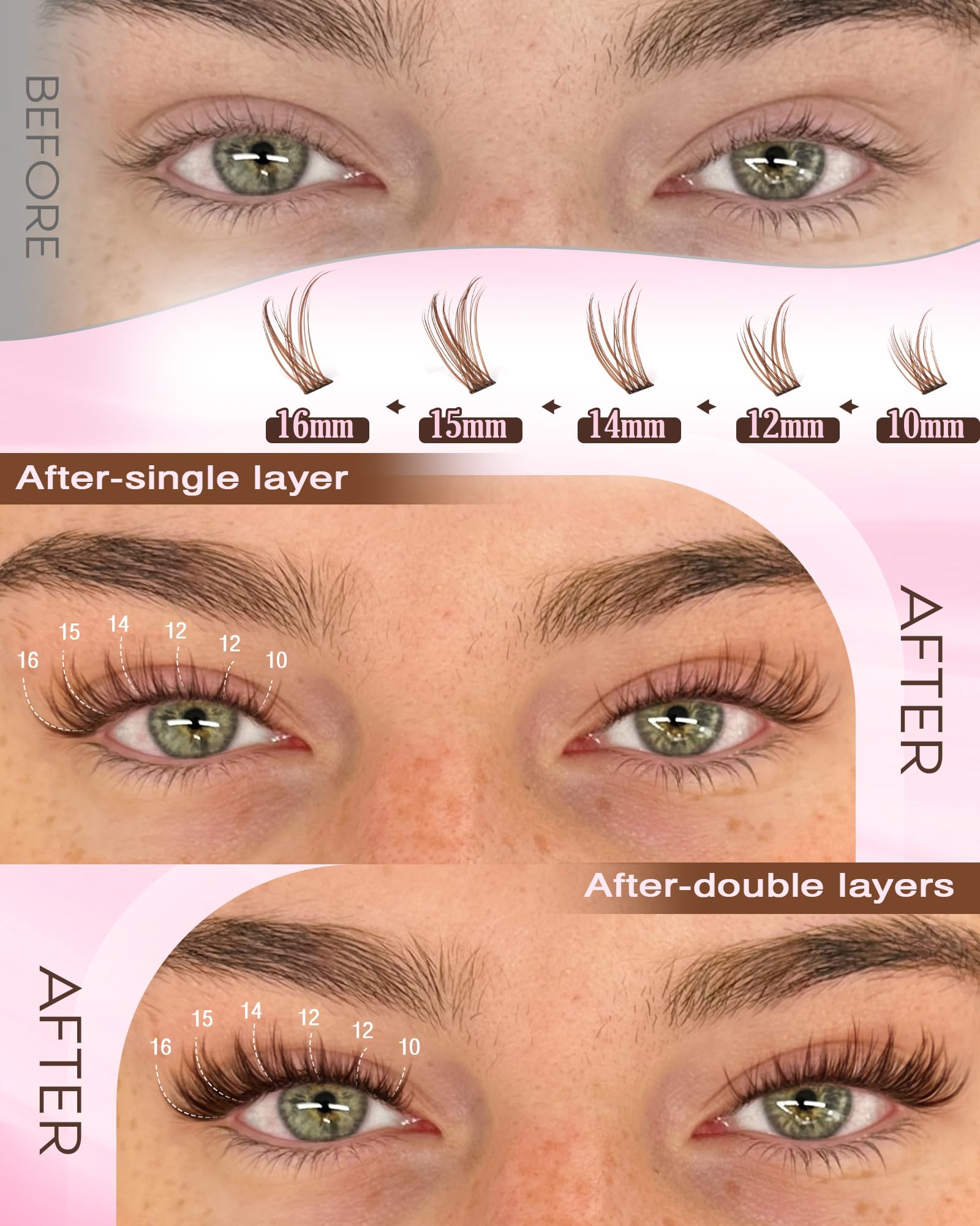 Goddvenus brown lash clusters in 16mm for dramatic length and lift.