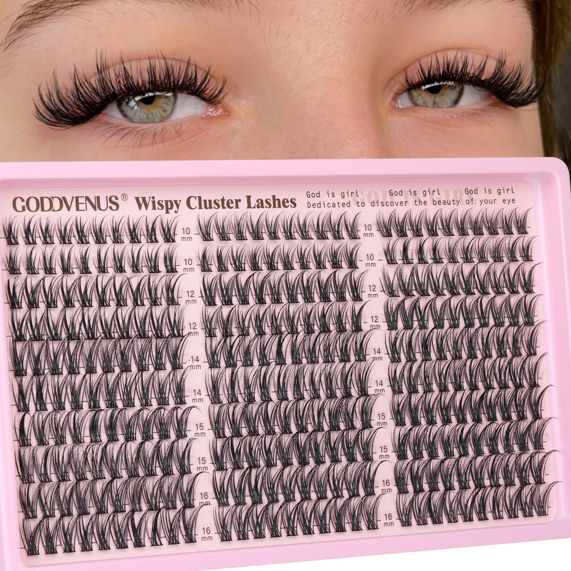 Goddvenus front packaging showing 300pcs clusters and product benefit natural volume