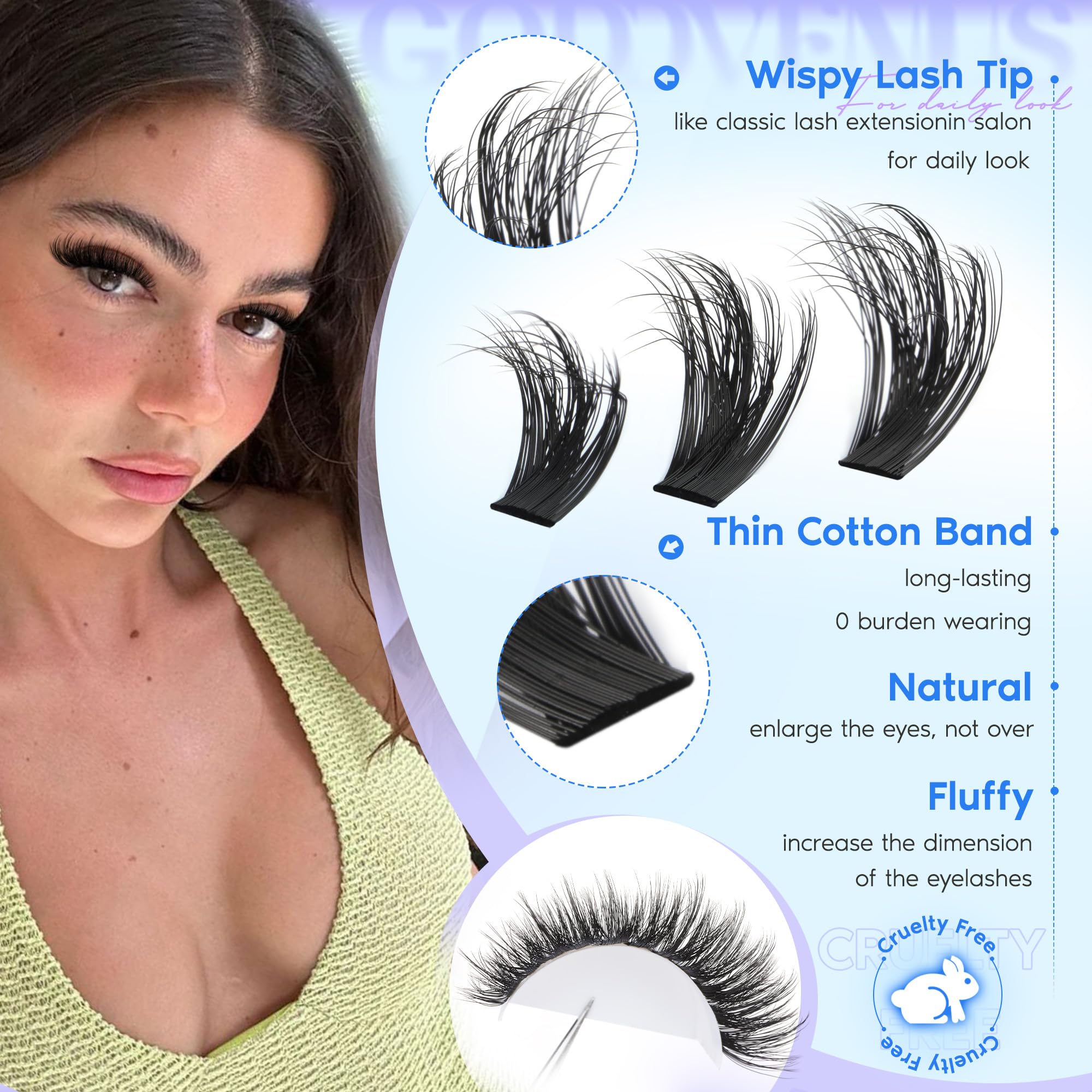 Goddvenus natural fluffy clusters—wispy tips blend with lashes for a soft finish.