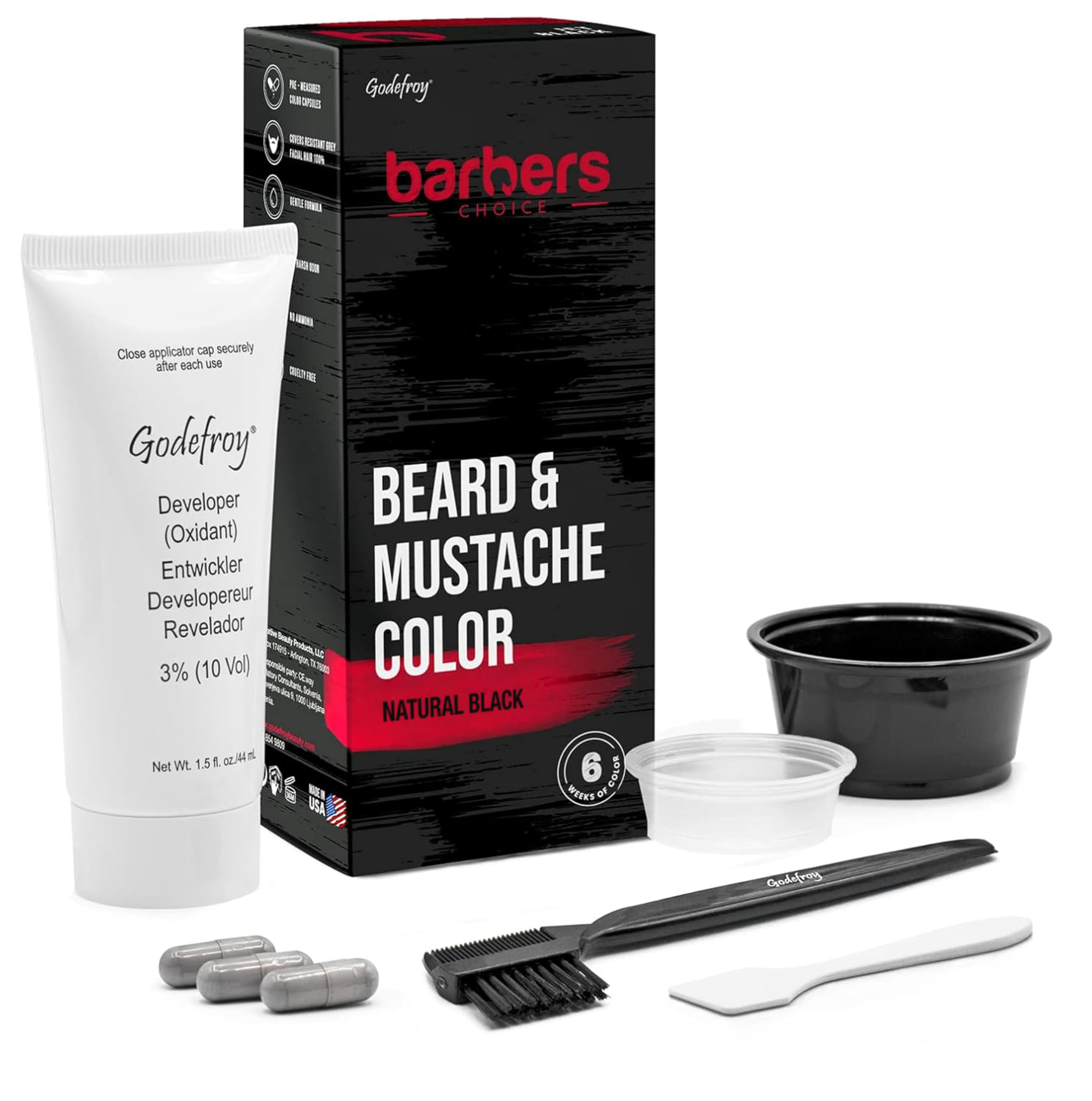 Godefroy Barbers Choice 3-application beard dye box shows at-home grey coverage and natural look.
