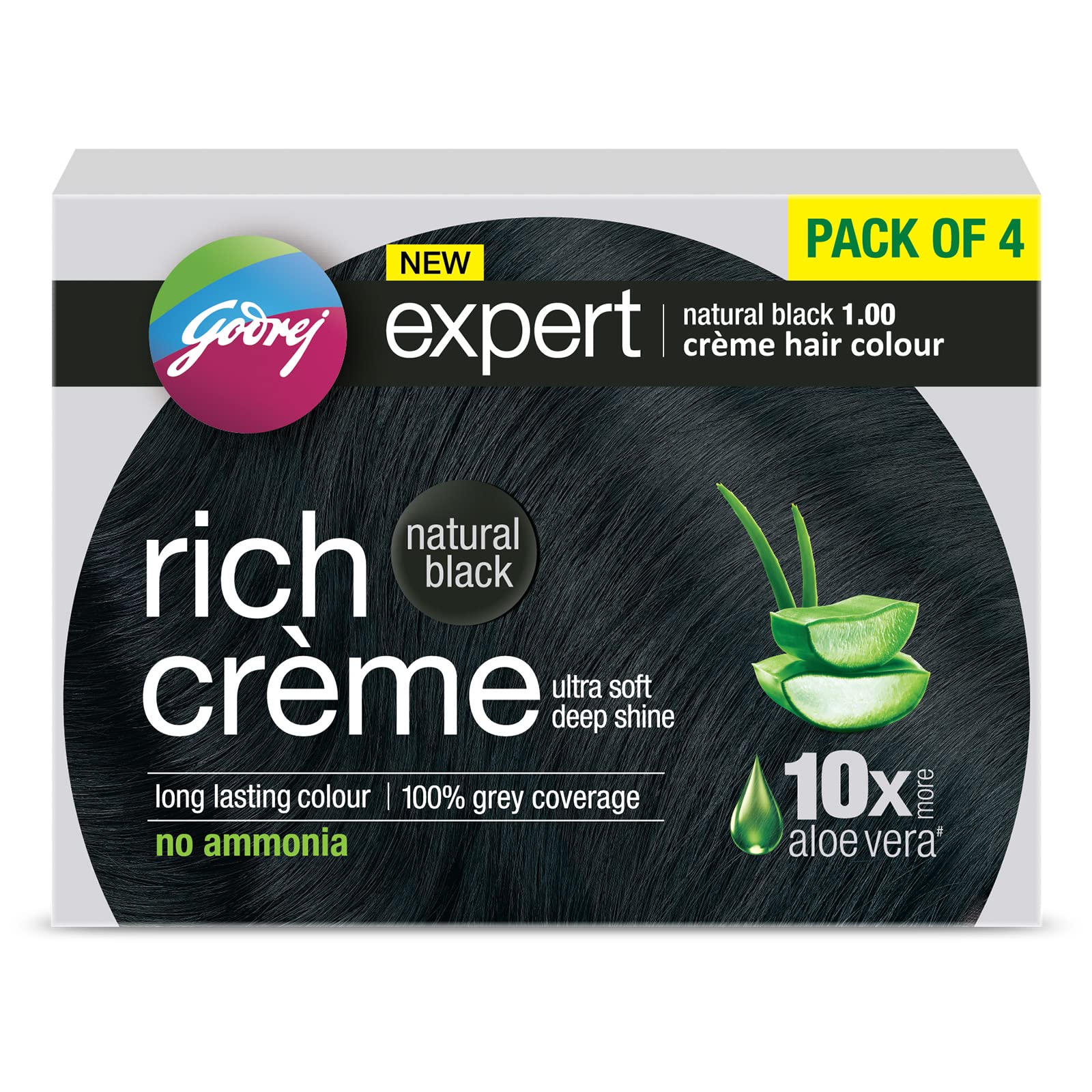 Godrej Expert Rich Crème Hair Colour pack-4 natural black box with pre-measured sachets for easy application.