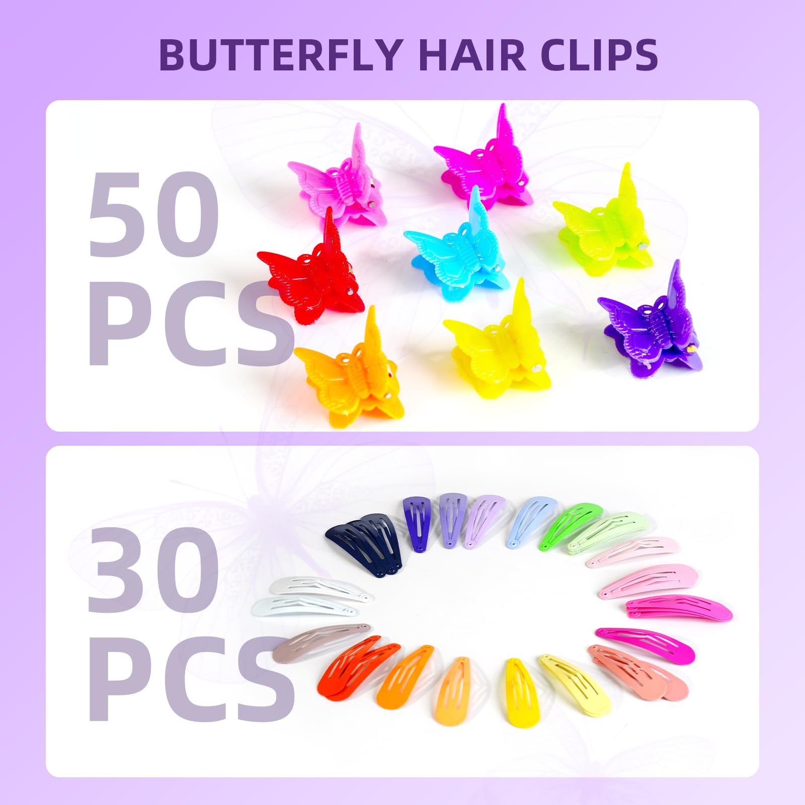Goffing butterfly clips add color and sparkle for playful hairstyles.
