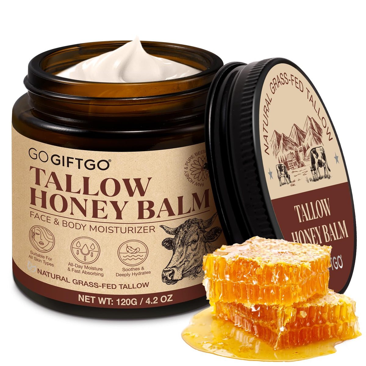 GOGIFTGO Beef Tallow Honey Balm packaging shows glass bottle for natural hydration