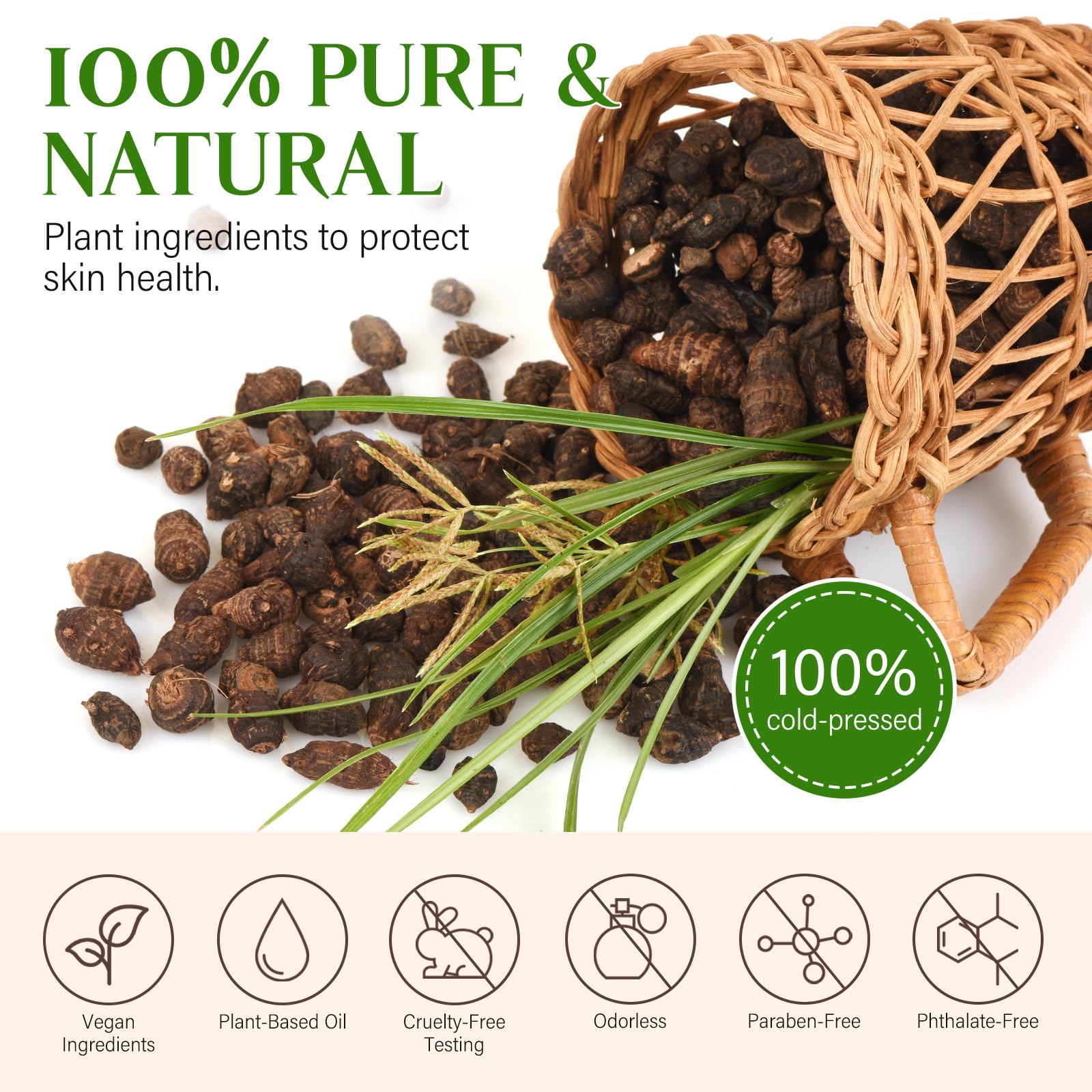 GOGIFTGO Cyperus Oil ingredients image highlights natural, irritation-free formula