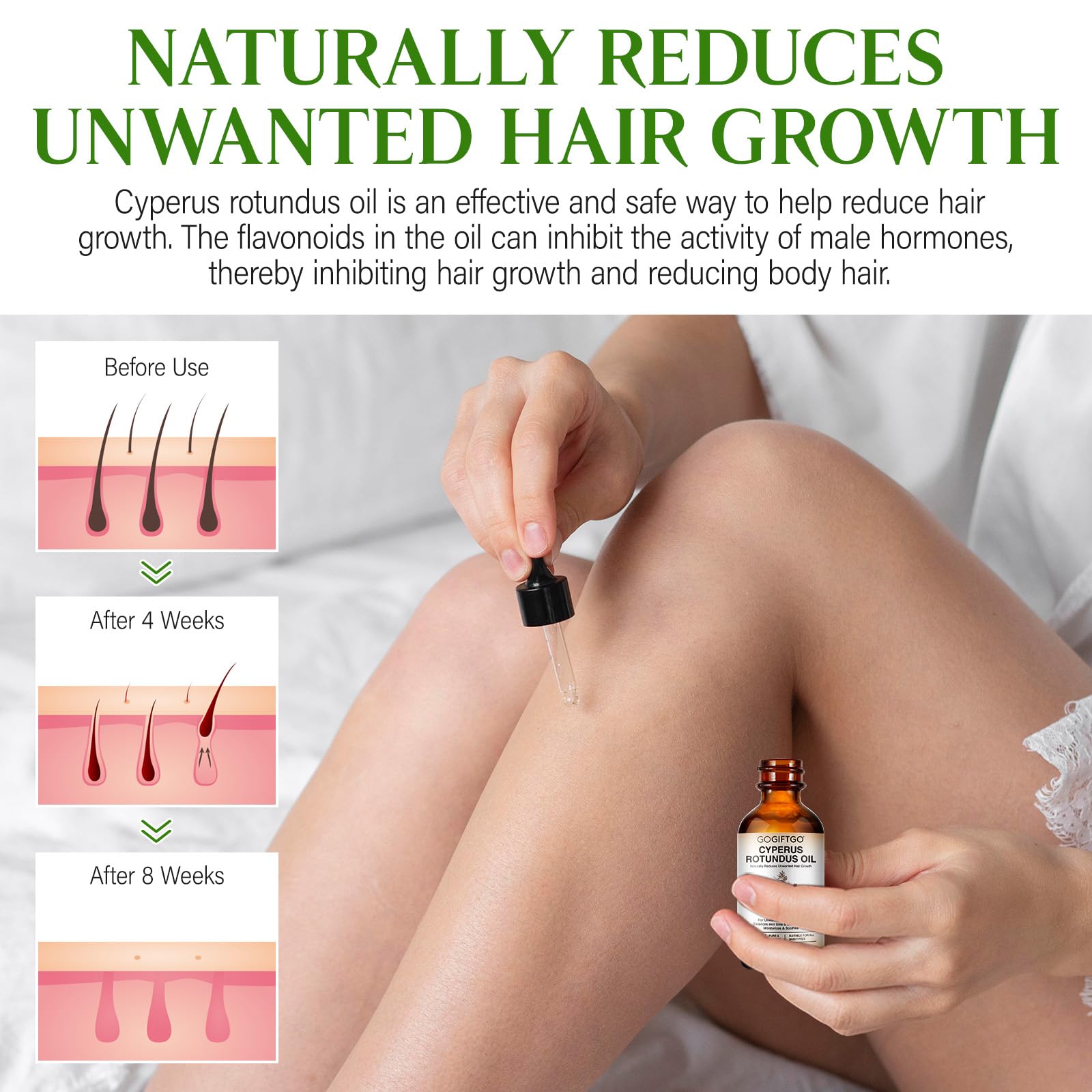 GOGIFTGO Cyperus Oil application on legs demonstrates soothing, non-greasy absorption