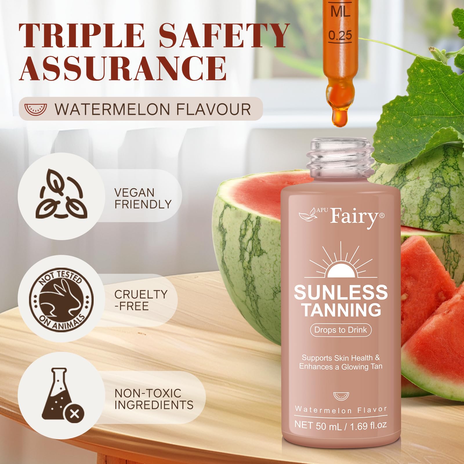 GOGIFTGO tanning drops ingredients table emphasizing beta-carotene and vitamins for skin support
