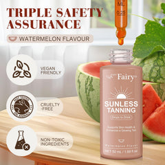 GOGIFTGO tanning drops ingredients table emphasizing beta-carotene and vitamins for skin support