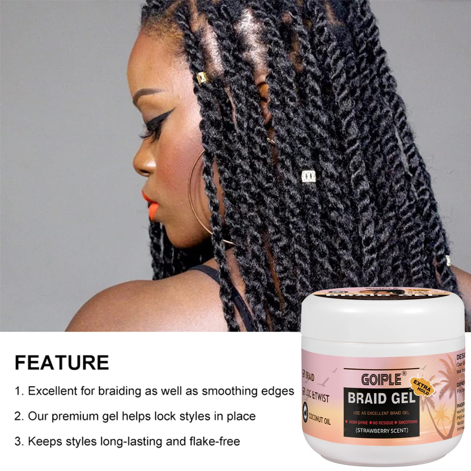 Goiple 16oz braid gel strawberry-scent evokes pleasant aroma during styling