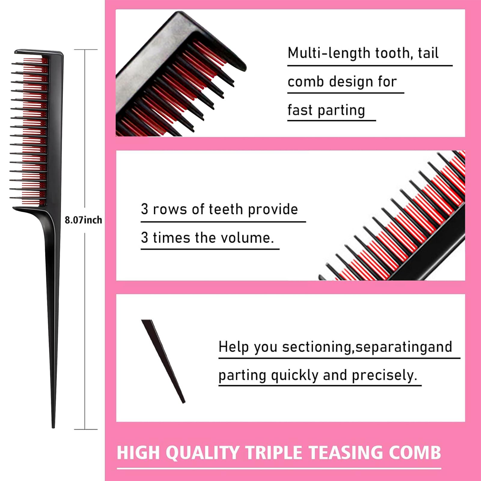 Goiple triple-teasing comb lifts the crown with controlled texture.