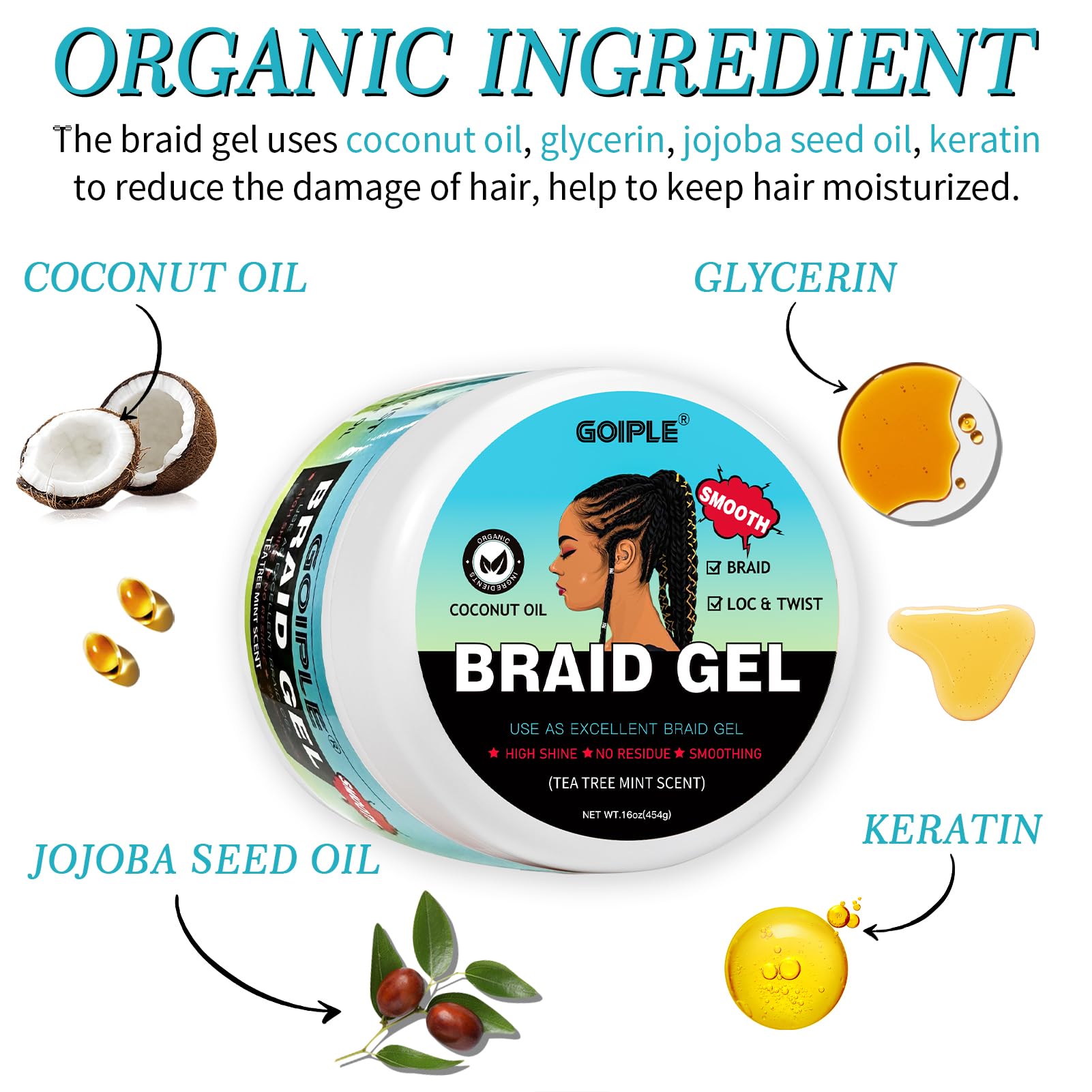Goiple Braid Gel edge-control application keeps edges sleek without flaking.