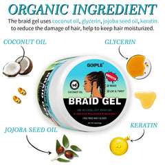Goiple Braid Gel edge-control application keeps edges sleek without flaking.