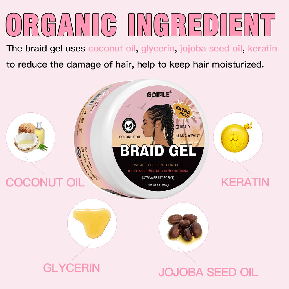 Goiple Braid Gel edge-control application smoothing frizz for sleek edges.