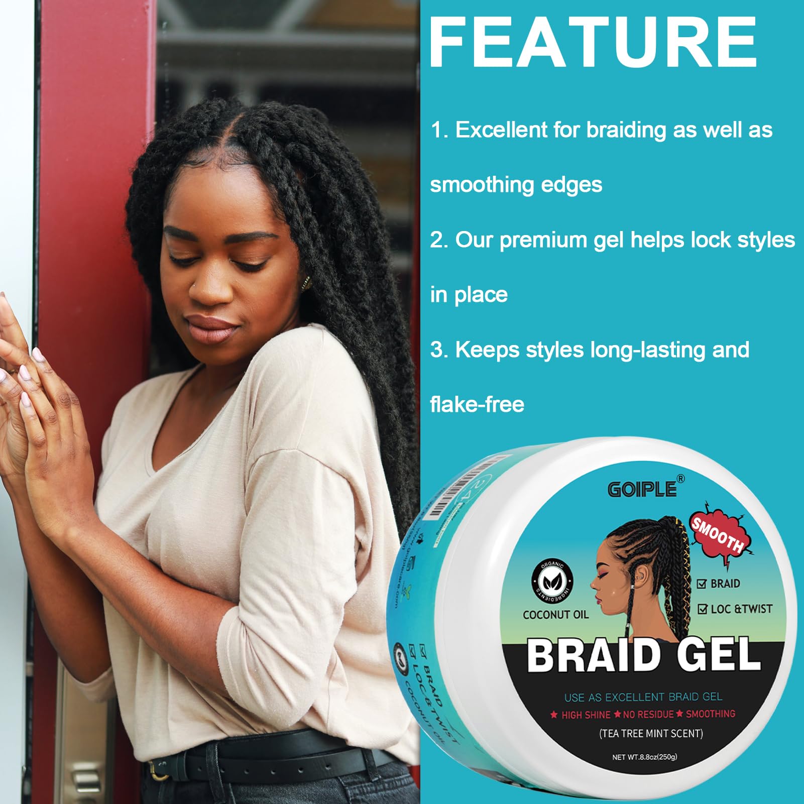 Goiple Braid Gel uses organic ingredients for nourishing styling.