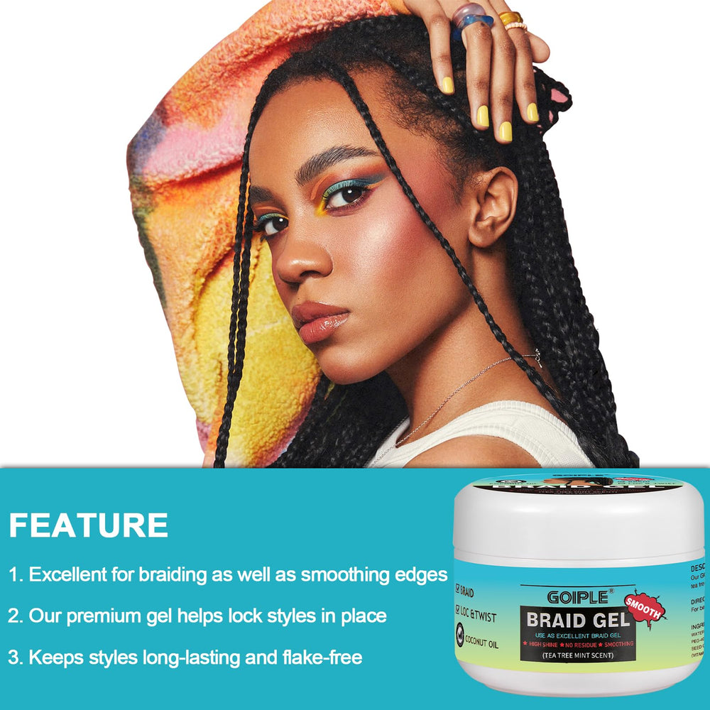 Goiple Braid Gel adds shine while nourishing hair during styling.