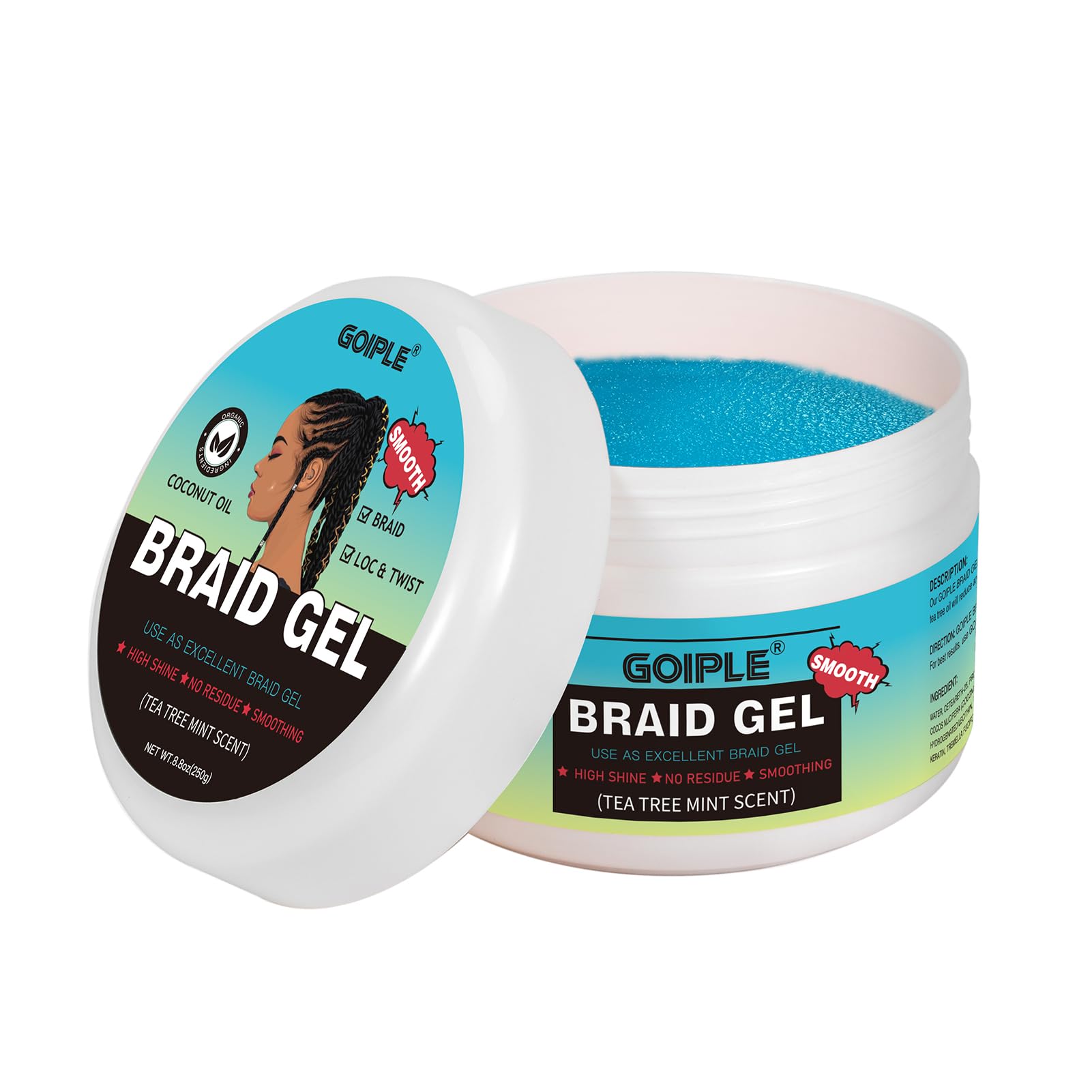 Goiple Braid Gel scented with tea-tree mint for refreshing feel.