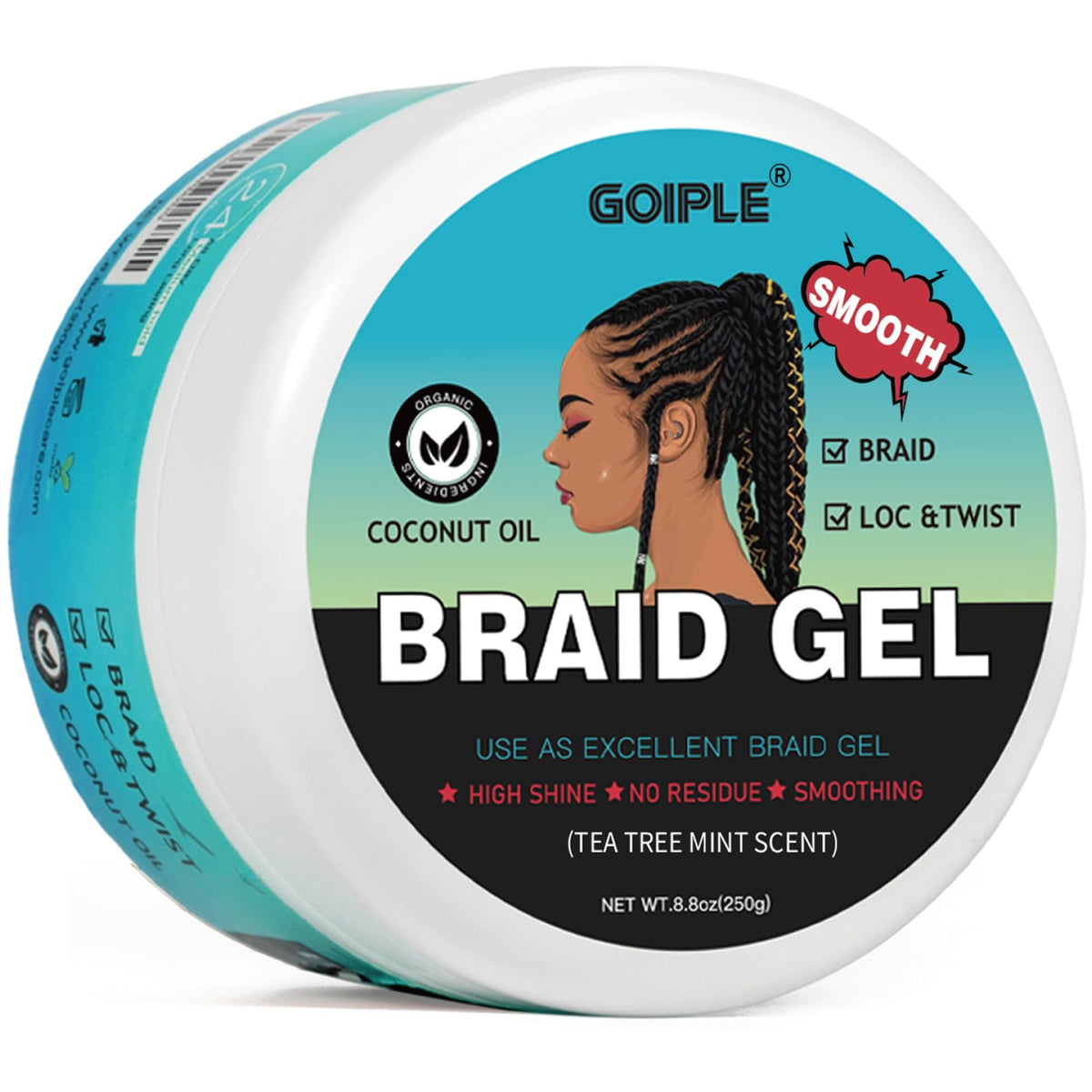 Goiple Braid Gel for twists and braids delivers smooth, long-lasting results.