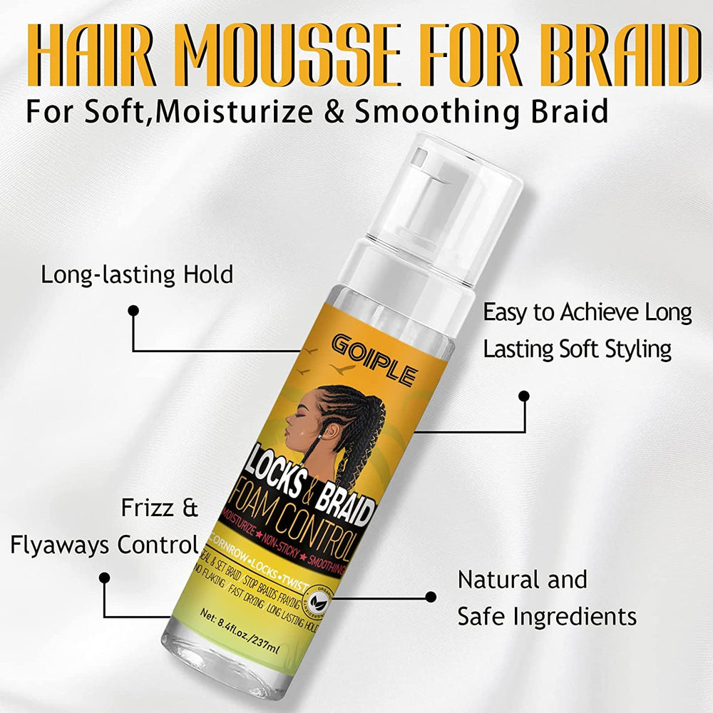 Goiple Braid Mousse frizz control smooths flyaways for neat braided looks.