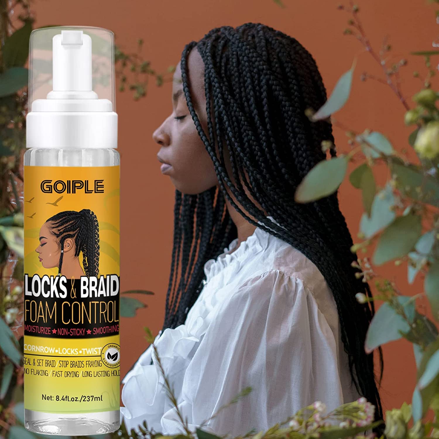 Goiple Braid Mousse high shine adds gloss to finished braids.