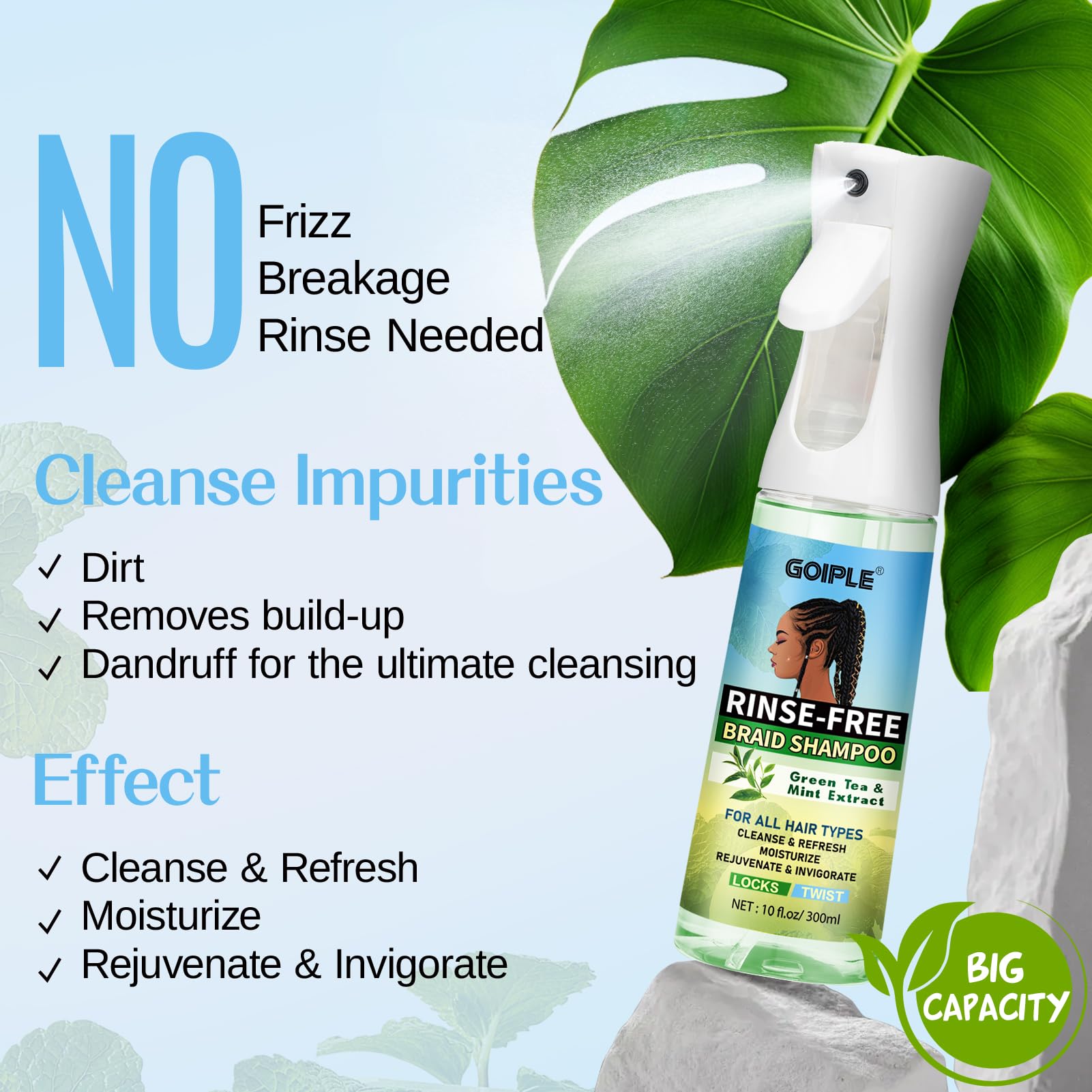 Goiple braid shampoo visual closeup highlights scalp cleansing for protective styles.