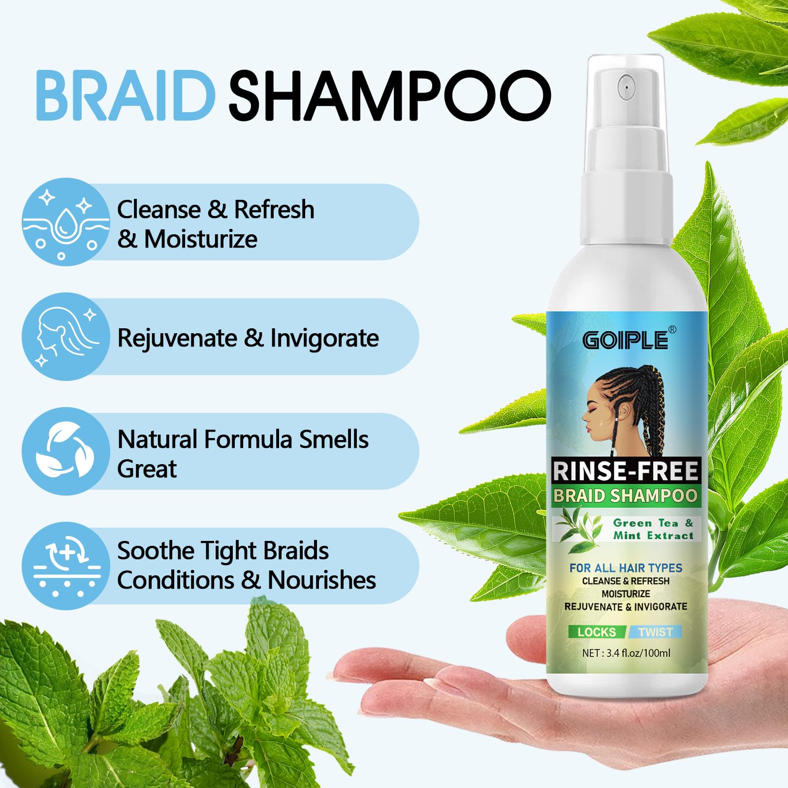 Goiple Braid Spray Rose Mint applying gloss and smooth on hair.