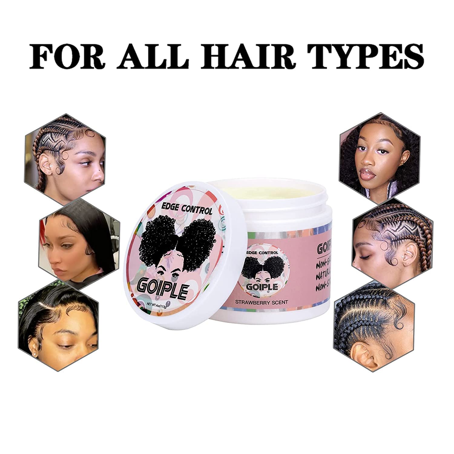 Goiple edge-control-wax on curls blends edges for a natural finish.