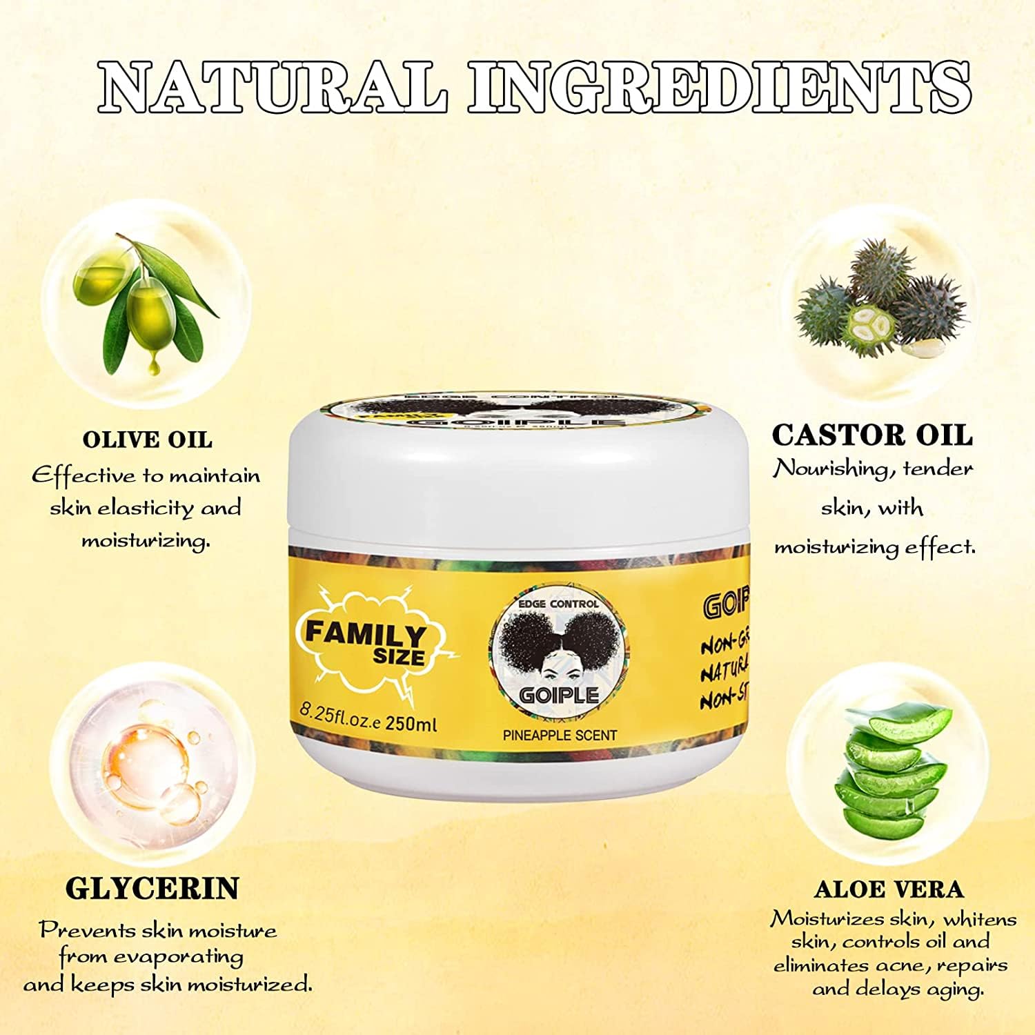 Goiple edge-control-wax pineapple-scent jar highlighting non-greasy finish.
