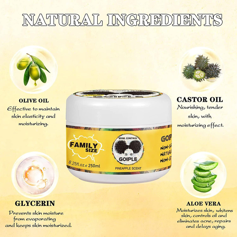 Goiple edge-control-wax pineapple-scent jar highlighting non-greasy finish.