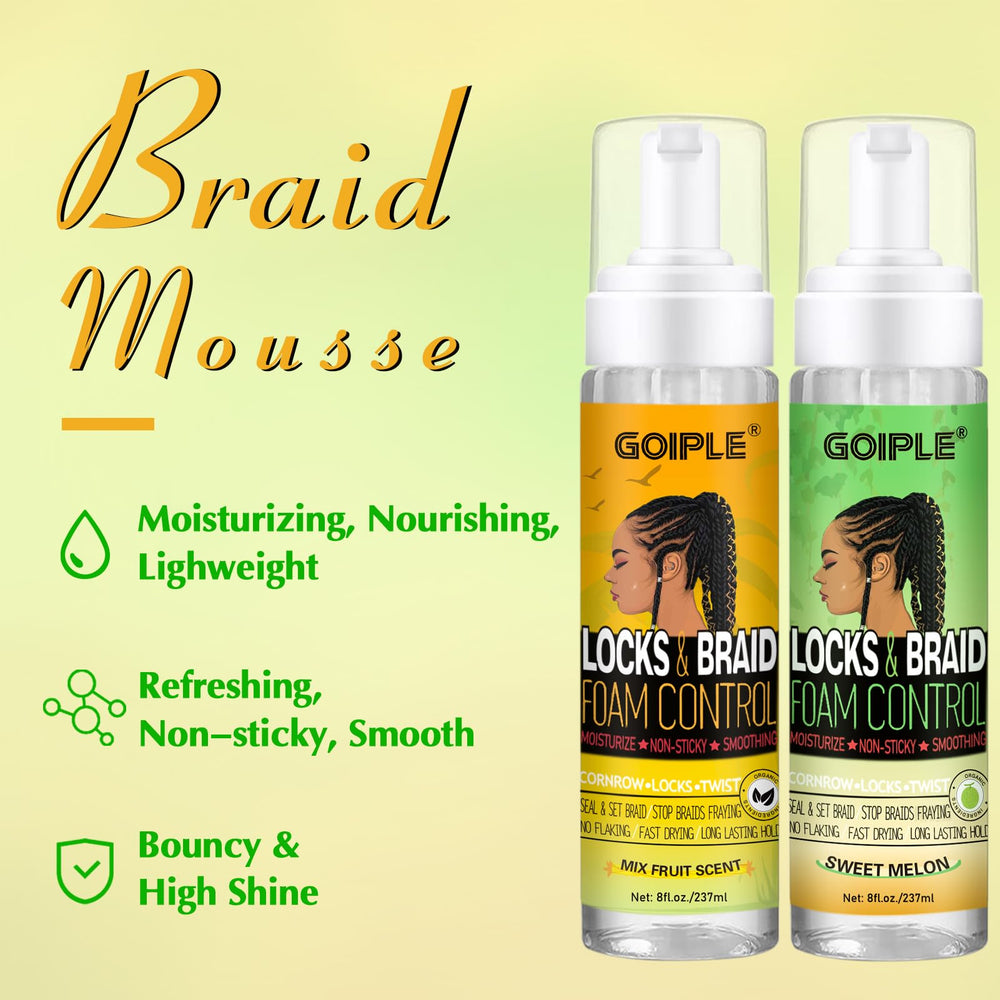 Goiple Hair Mousse smooths frizz and flyaways on protective braids for a neat look.