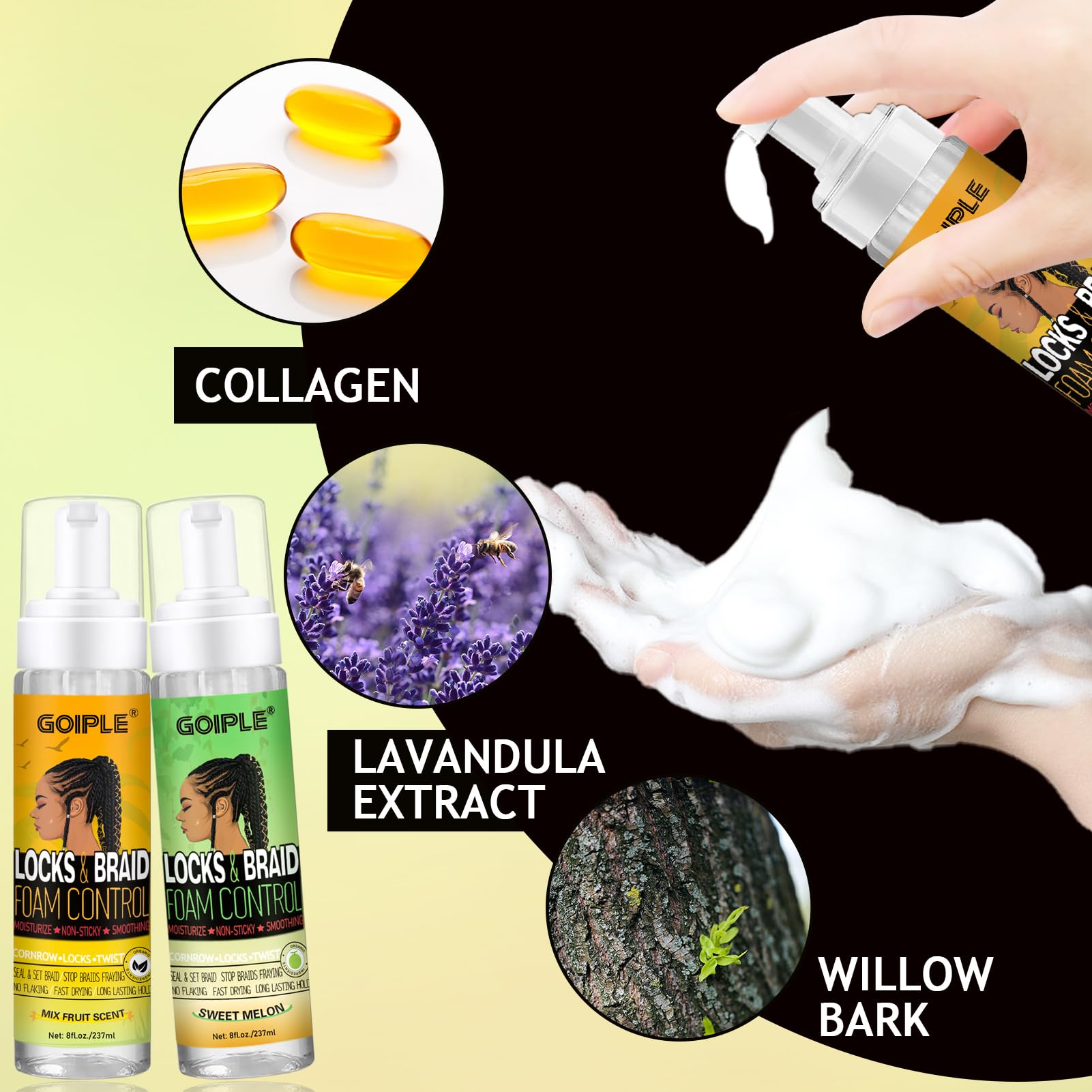 Goiple Hair Mousse on hands applying to braids for frizz control and shine.