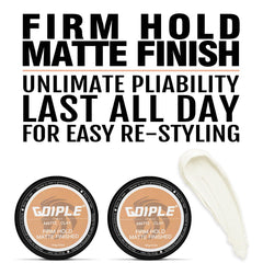 Goiple clay achieving matte finish styling for natural, flexible hold.