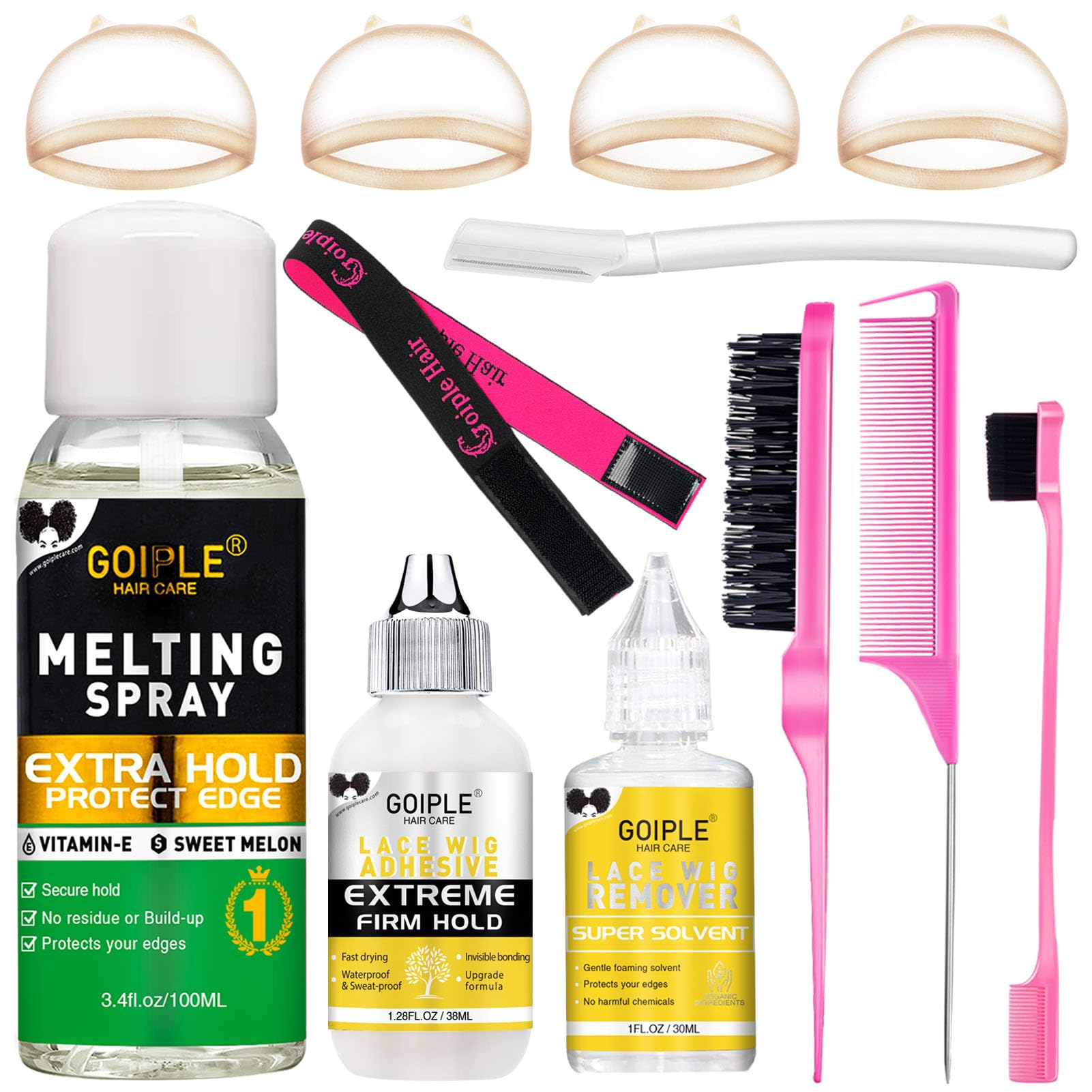 Goiple lace-melting-spray-bottle shows fast-drying mist for effortless lace melt.