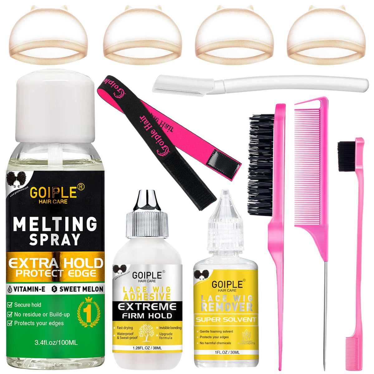 Goiple lace-melting-spray-bottle shows fast-drying mist for effortless lace melt.