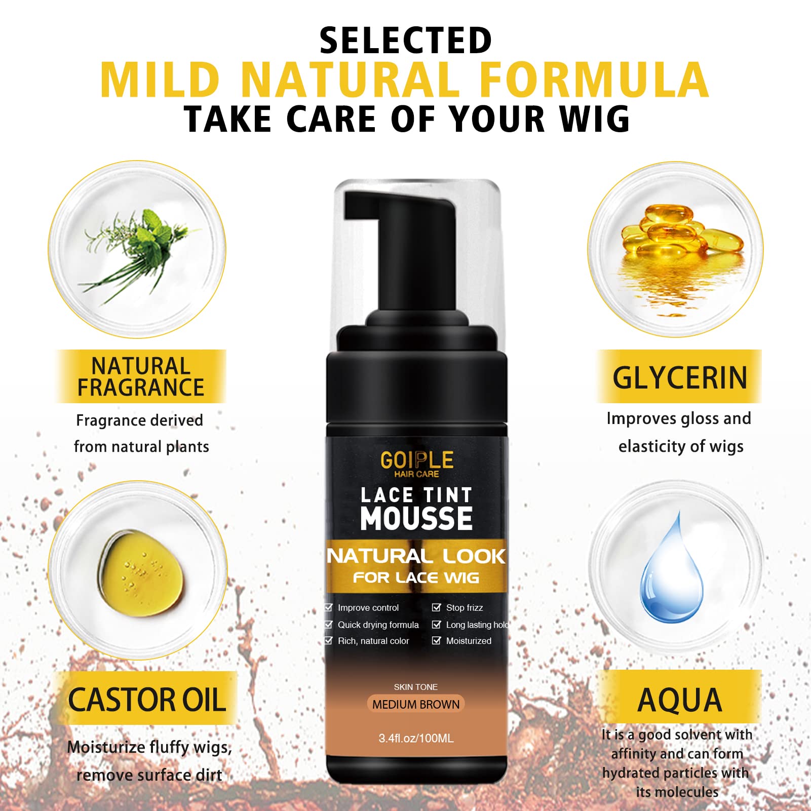 Goiple Premium lace mousse bottle highlights dense, quick-drying formula for smooth application.