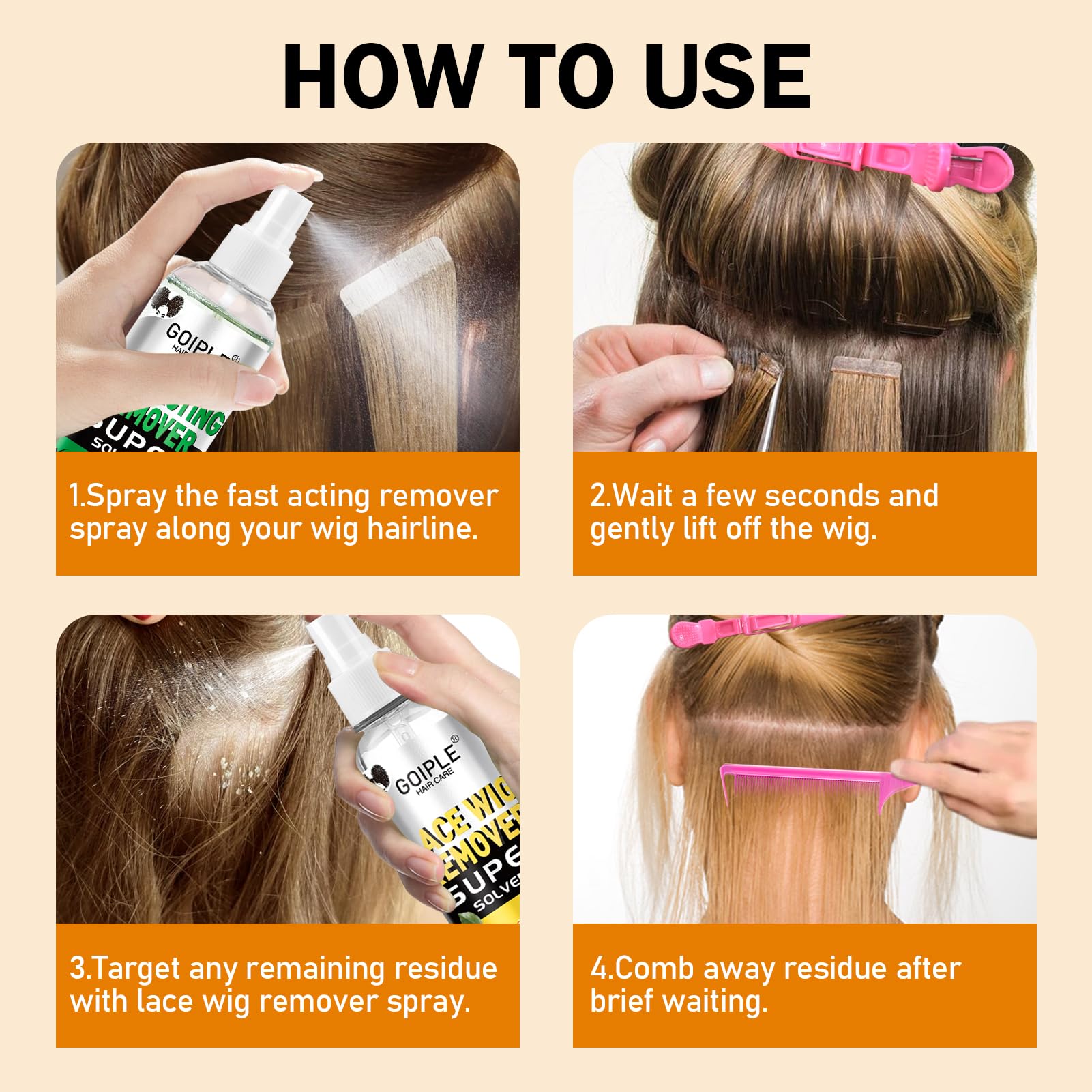 Goiple rat-tail comb and hair clips help section hair during removal.